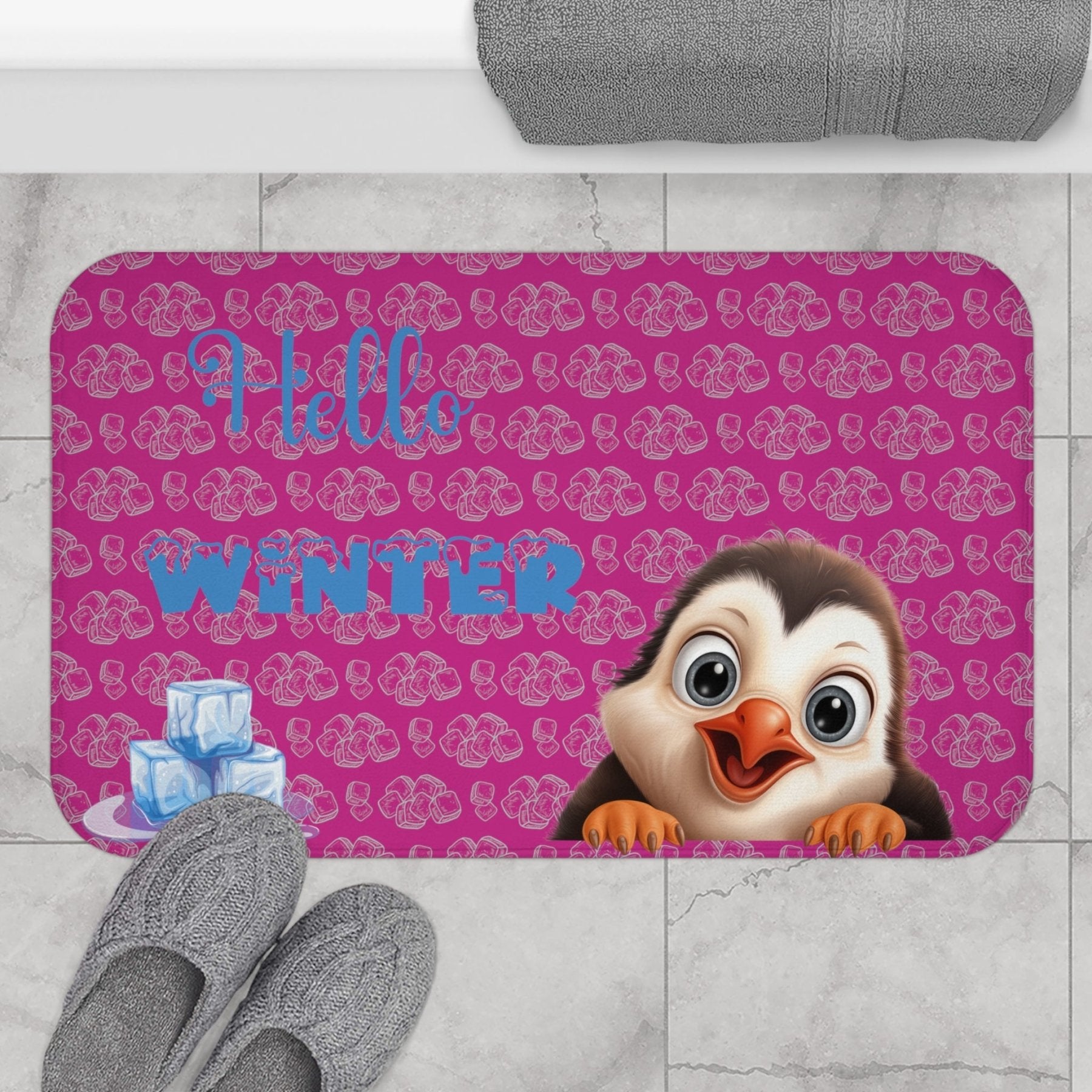 Bath Mat, Winter, Hello Winter, Pink, Penguin 2 - Janlyn's Crafts