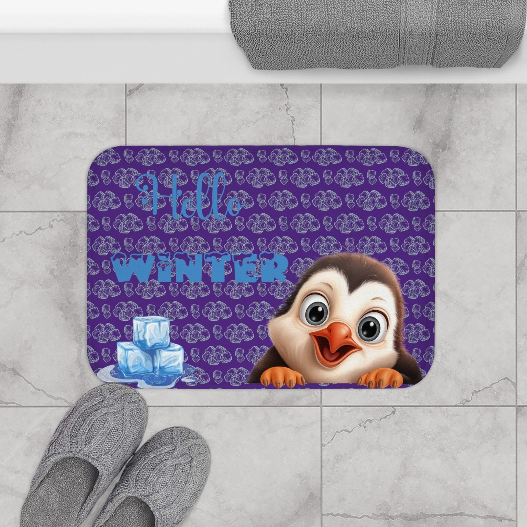 Bath Mat, Winter, Hello Winter, Purple, Penguin 2 - Janlyn's Crafts