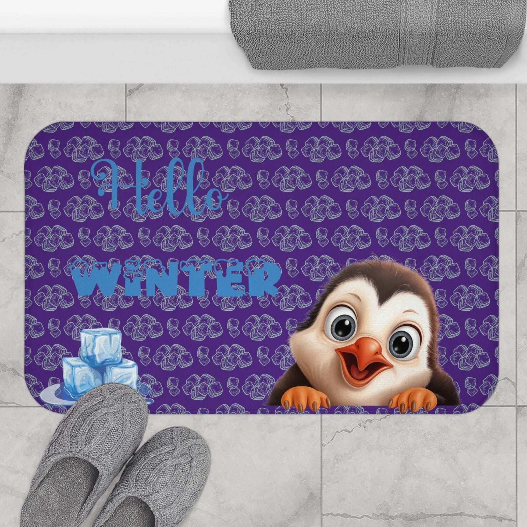 Bath Mat, Winter, Hello Winter, Purple, Penguin 2 - Janlyn's Crafts