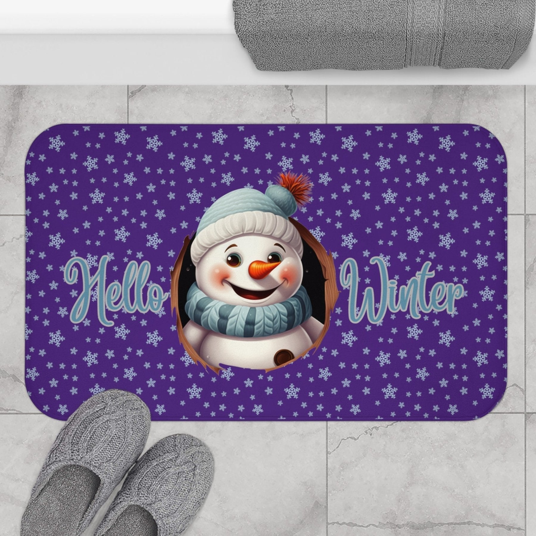 Bath Mat, Winter, Hello Winter, Purple, Snowman 1 - Janlyn's Crafts