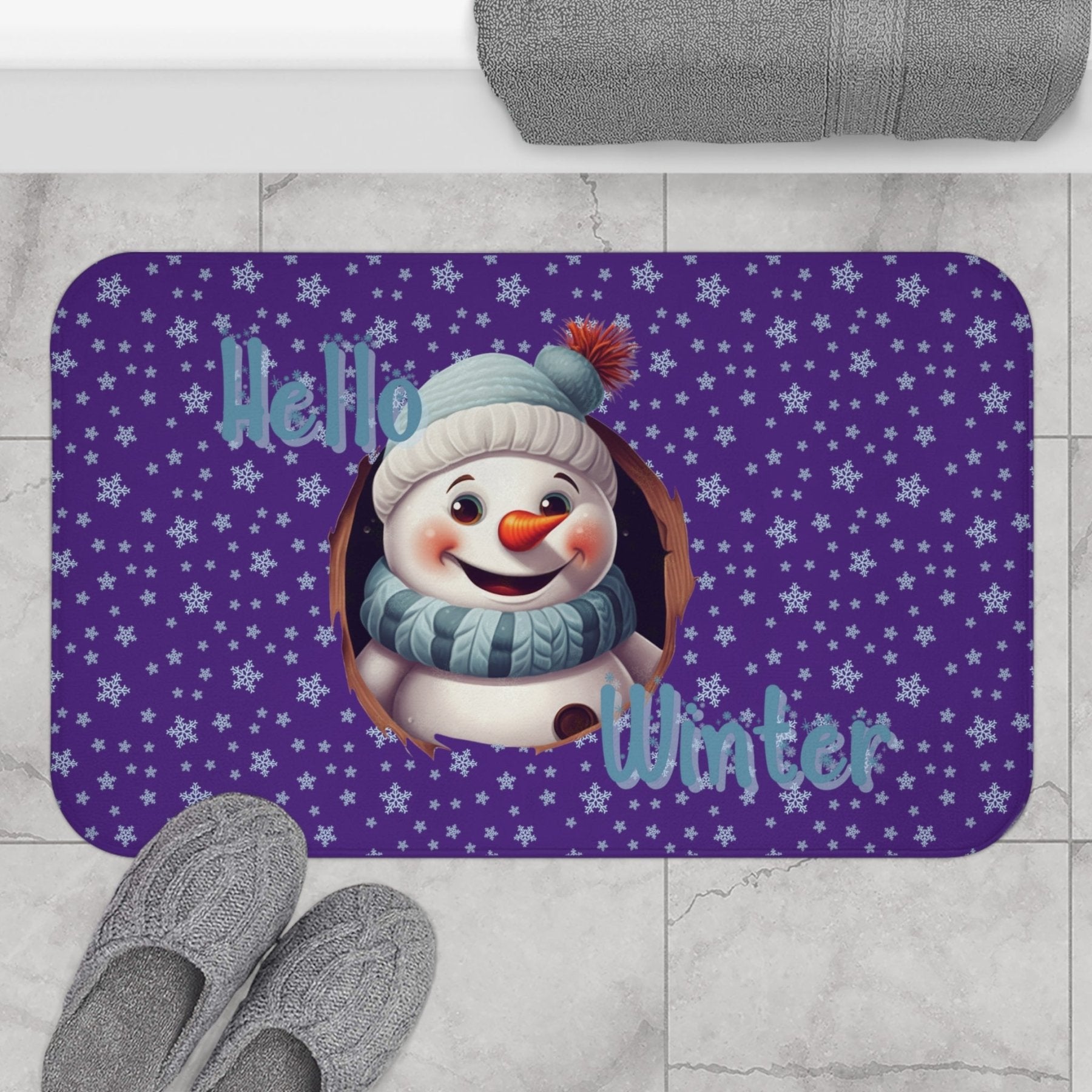 Bath Mat, Winter, Hello Winter, Purple, Snowman 2 - Janlyn's Crafts