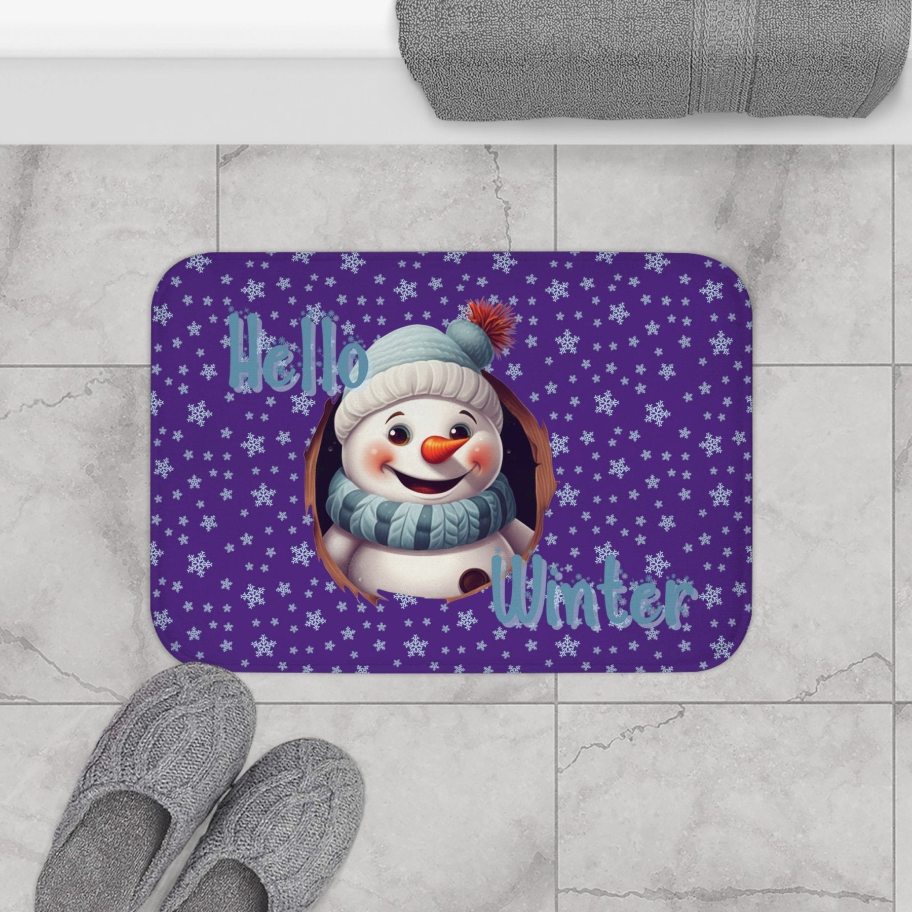 Bath Mat, Winter, Hello Winter, Purple, Snowman 2 - Janlyn's Crafts