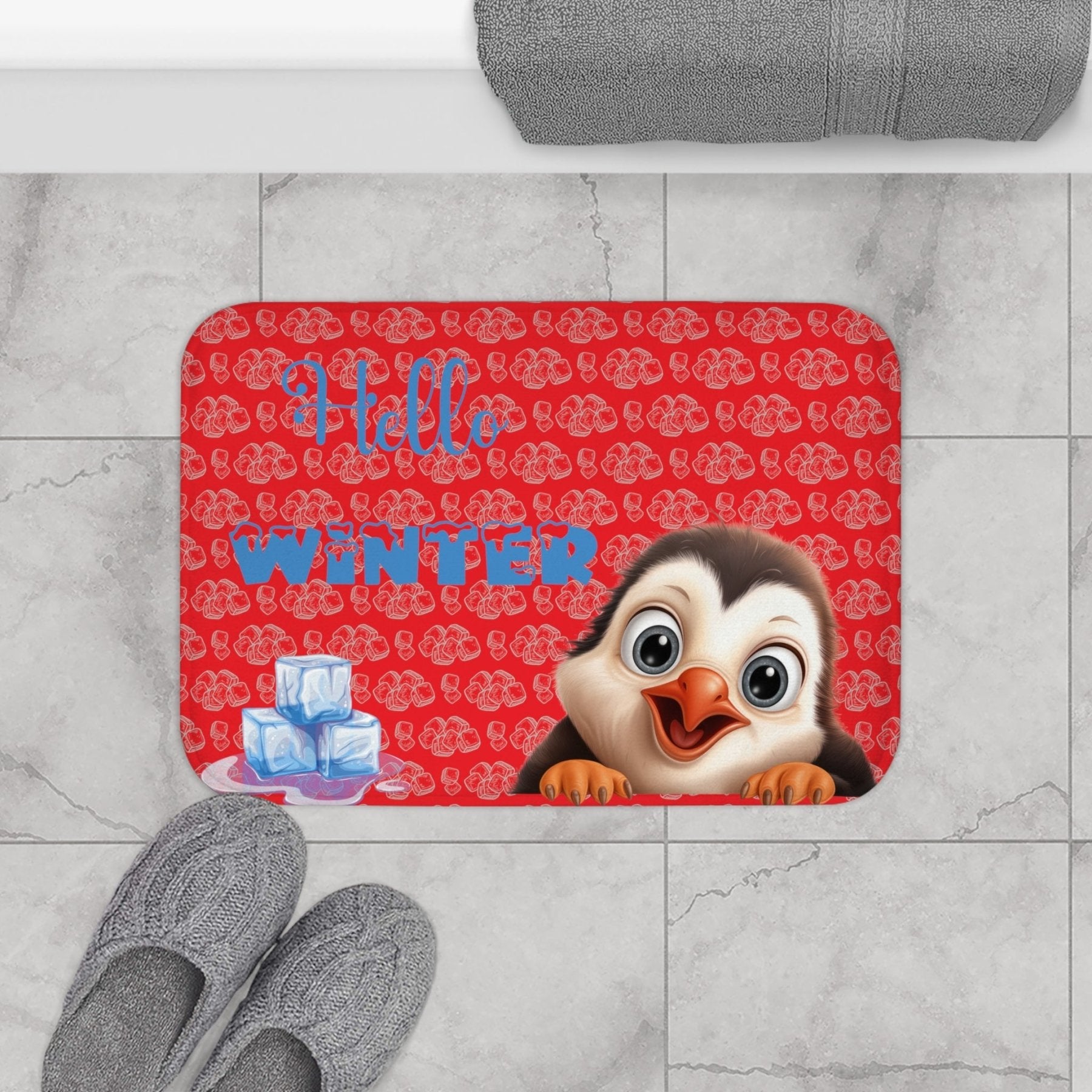 Bath Mat, Winter, Hello Winter, Red, Penguin 2 - Janlyn's Crafts