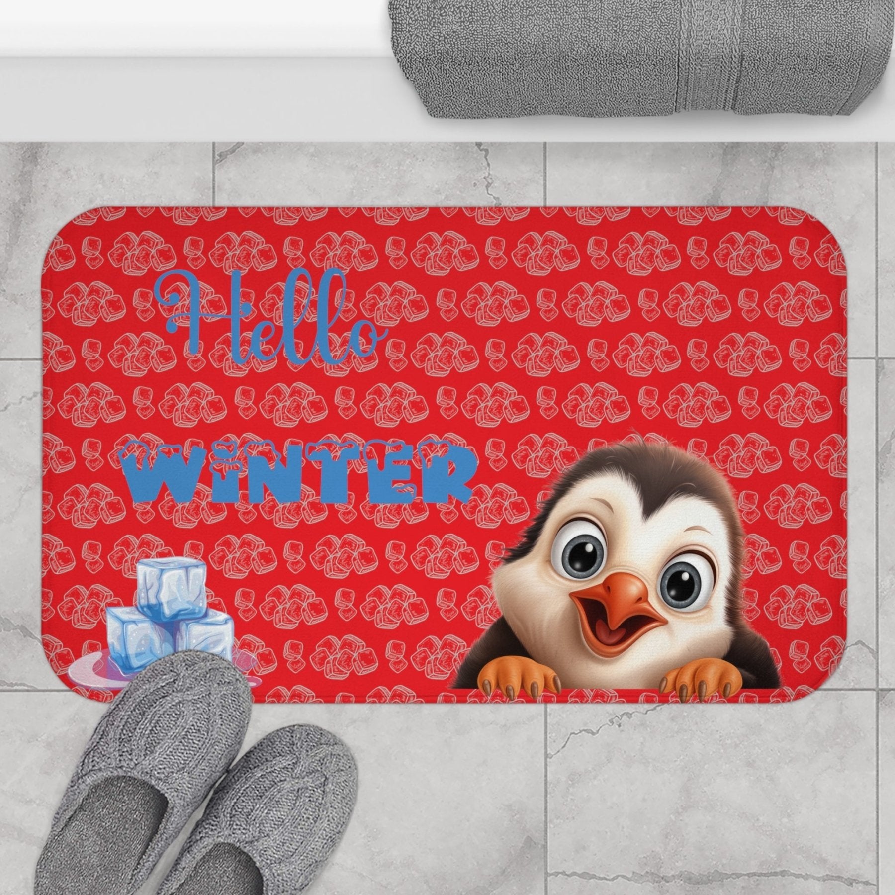 Bath Mat, Winter, Hello Winter, Red, Penguin 2 - Janlyn's Crafts