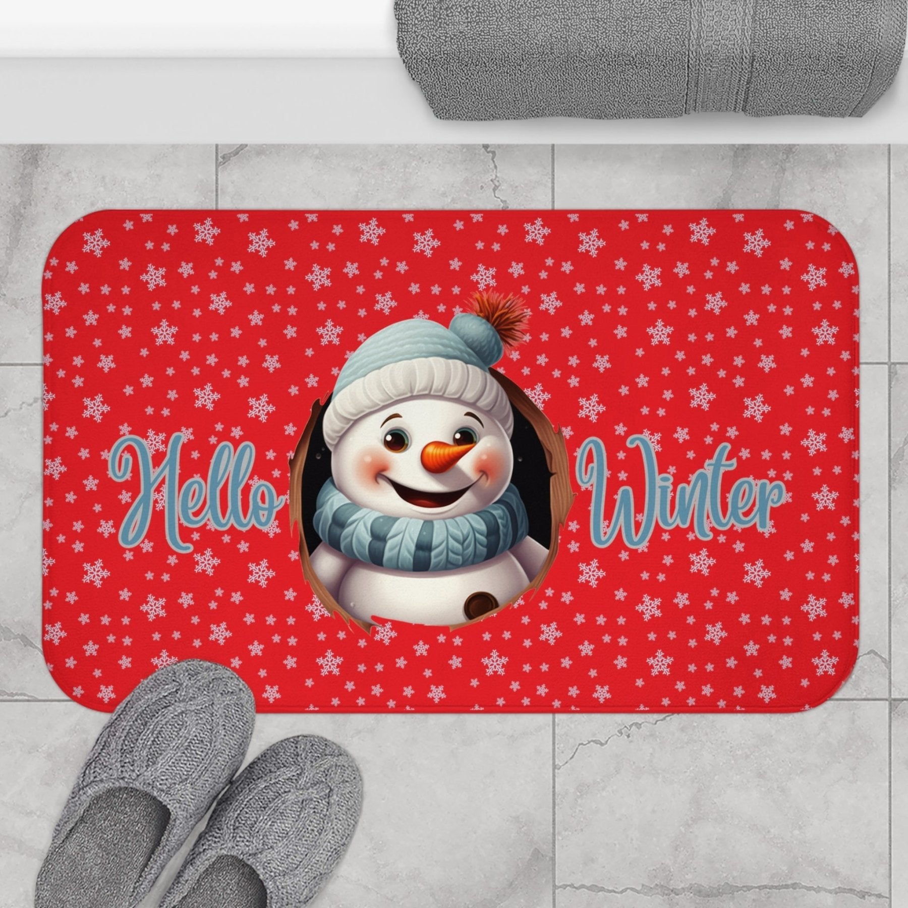 Bath Mat, Winter, Hello Winter, Red, Snowman 1 - Janlyn's Crafts