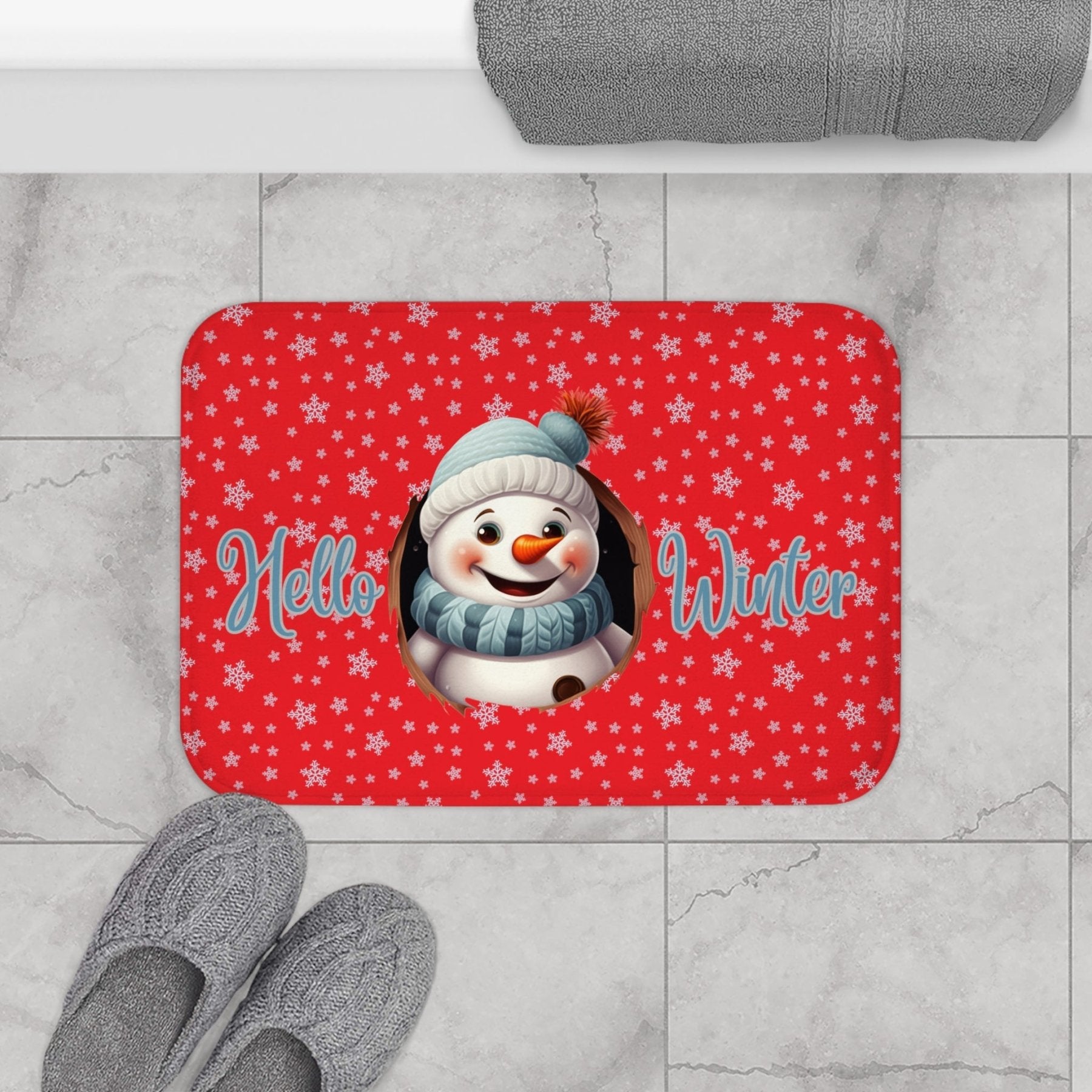 Bath Mat, Winter, Hello Winter, Red, Snowman 1 - Janlyn's Crafts