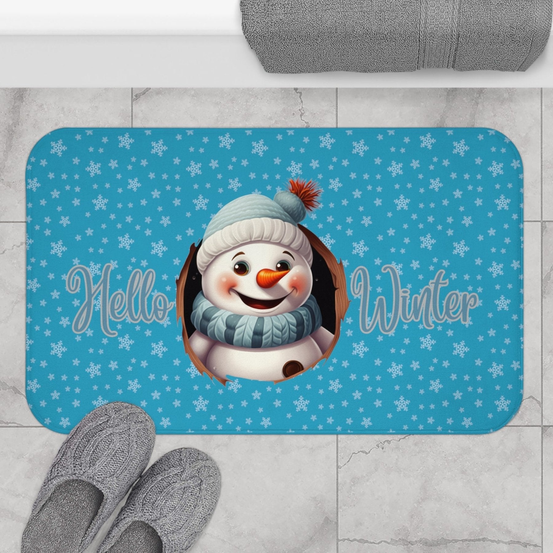 Bath Mat, Winter, Hello Winter, Turquoise, Snowman 1 - Janlyn's Crafts