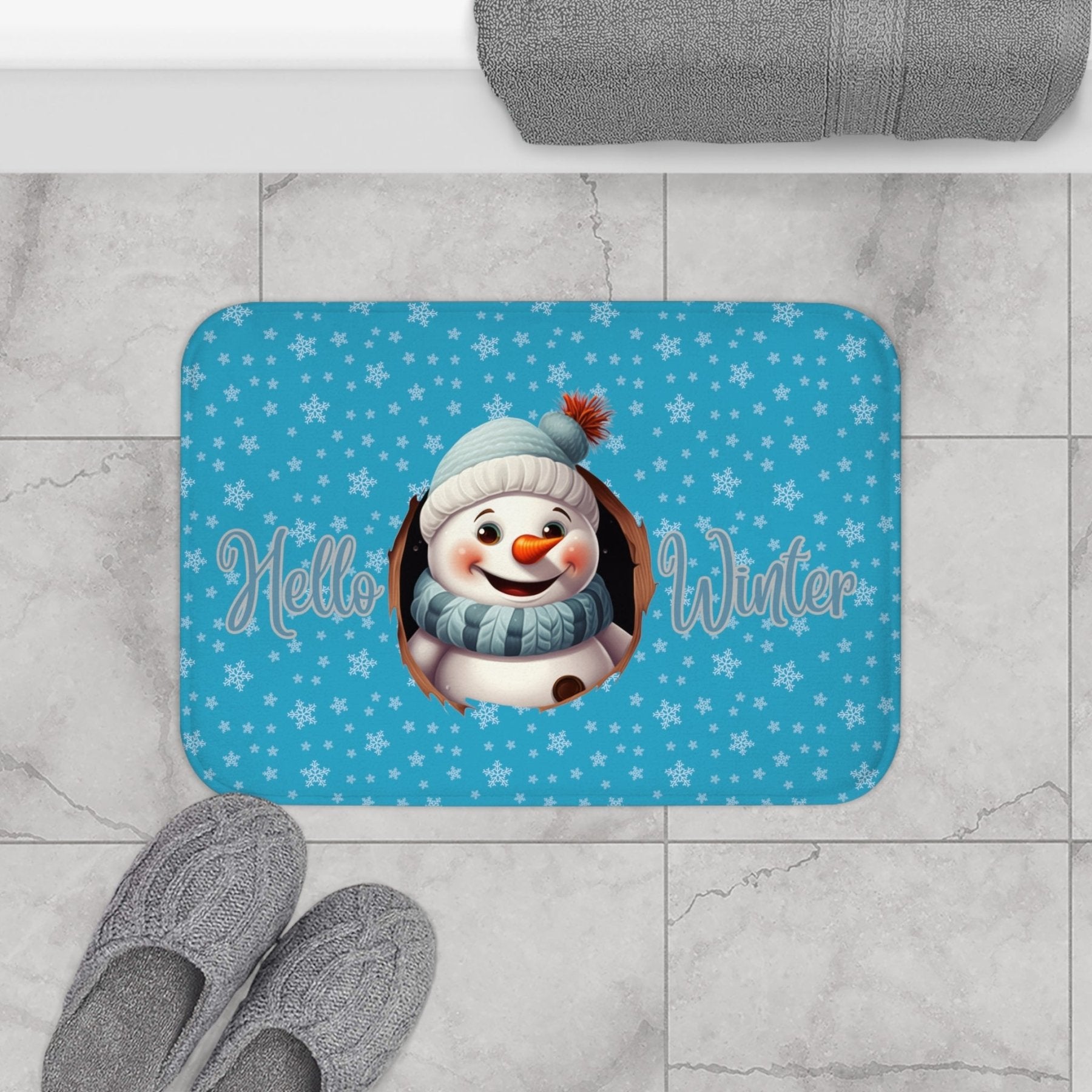 Bath Mat, Winter, Hello Winter, Turquoise, Snowman 1 - Janlyn's Crafts