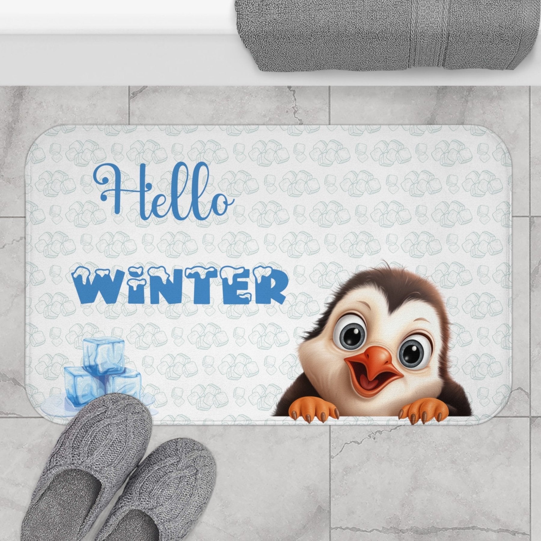 Bath Mat, Winter, Hello Winter, White, Penguin 2 - Janlyn's Crafts