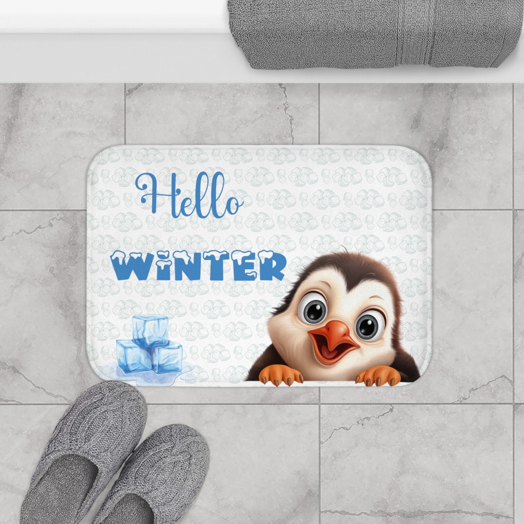 Bath Mat, Winter, Hello Winter, White, Penguin 2 - Janlyn's Crafts