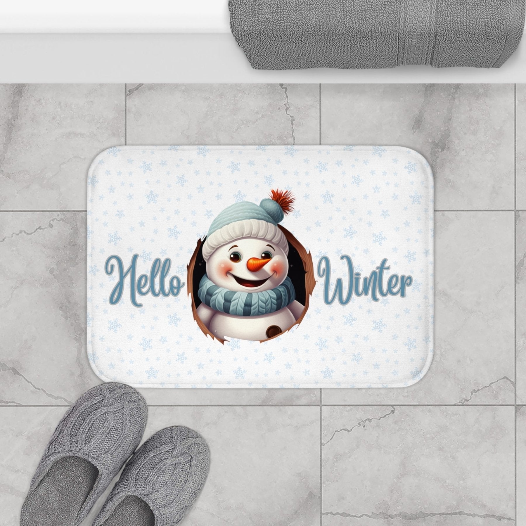 Bath Mat, Winter, Hello Winter, White, Snowman 1 - Janlyn's Crafts