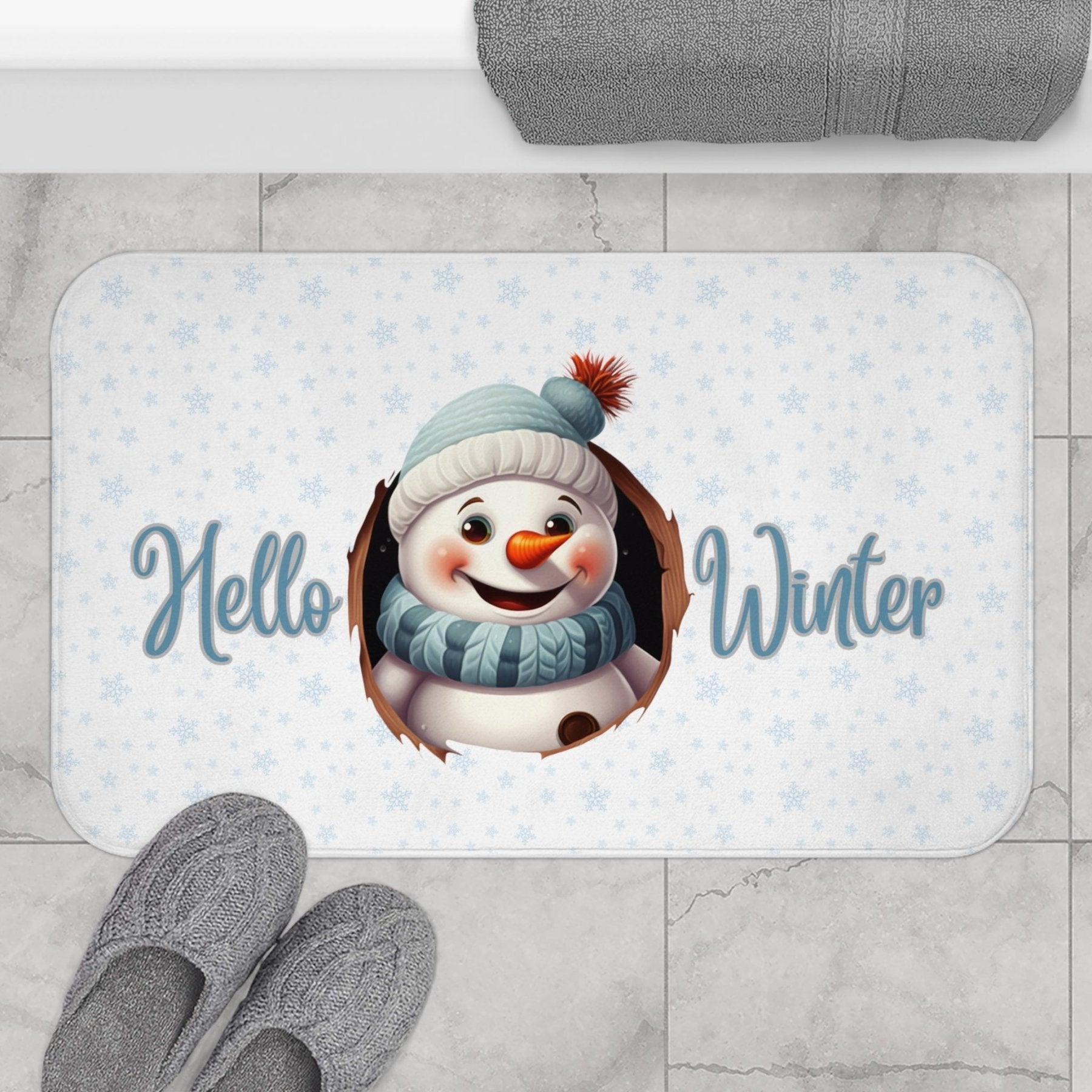 Bath Mat, Winter, Hello Winter, White, Snowman 1 - Janlyn's Crafts