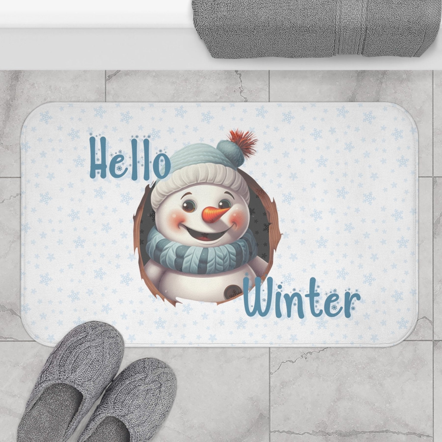 Bath Mat, Winter, Hello Winter, White, Snowman 2 - Janlyn's Crafts