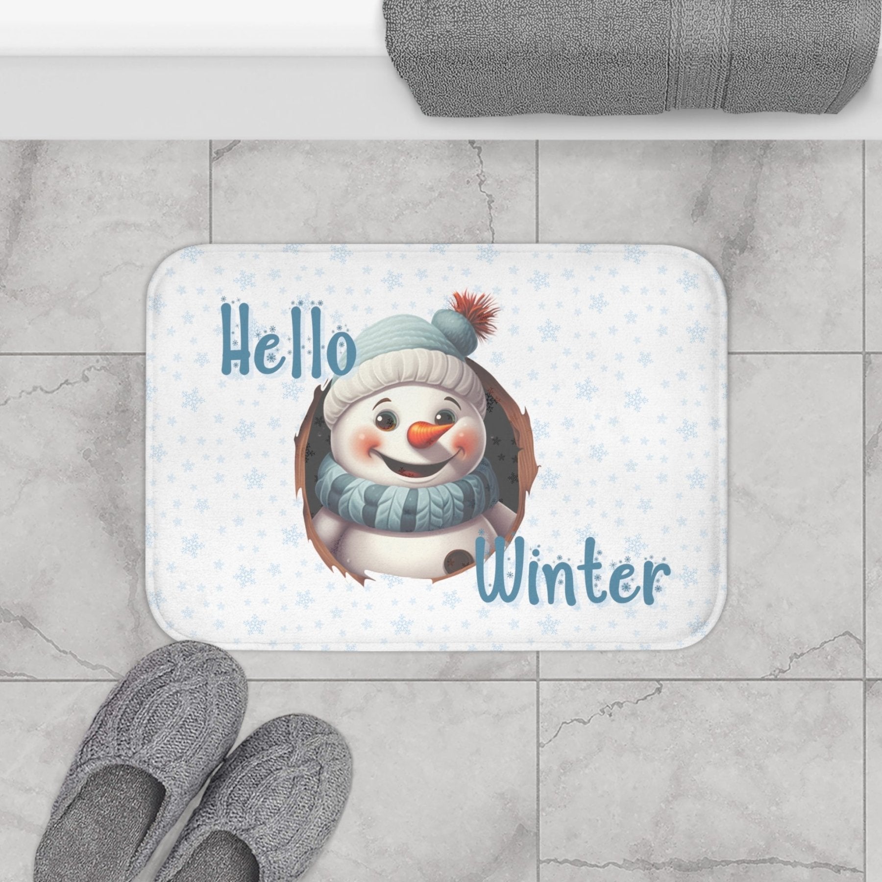 Bath Mat, Winter, Hello Winter, White, Snowman 2 - Janlyn's Crafts