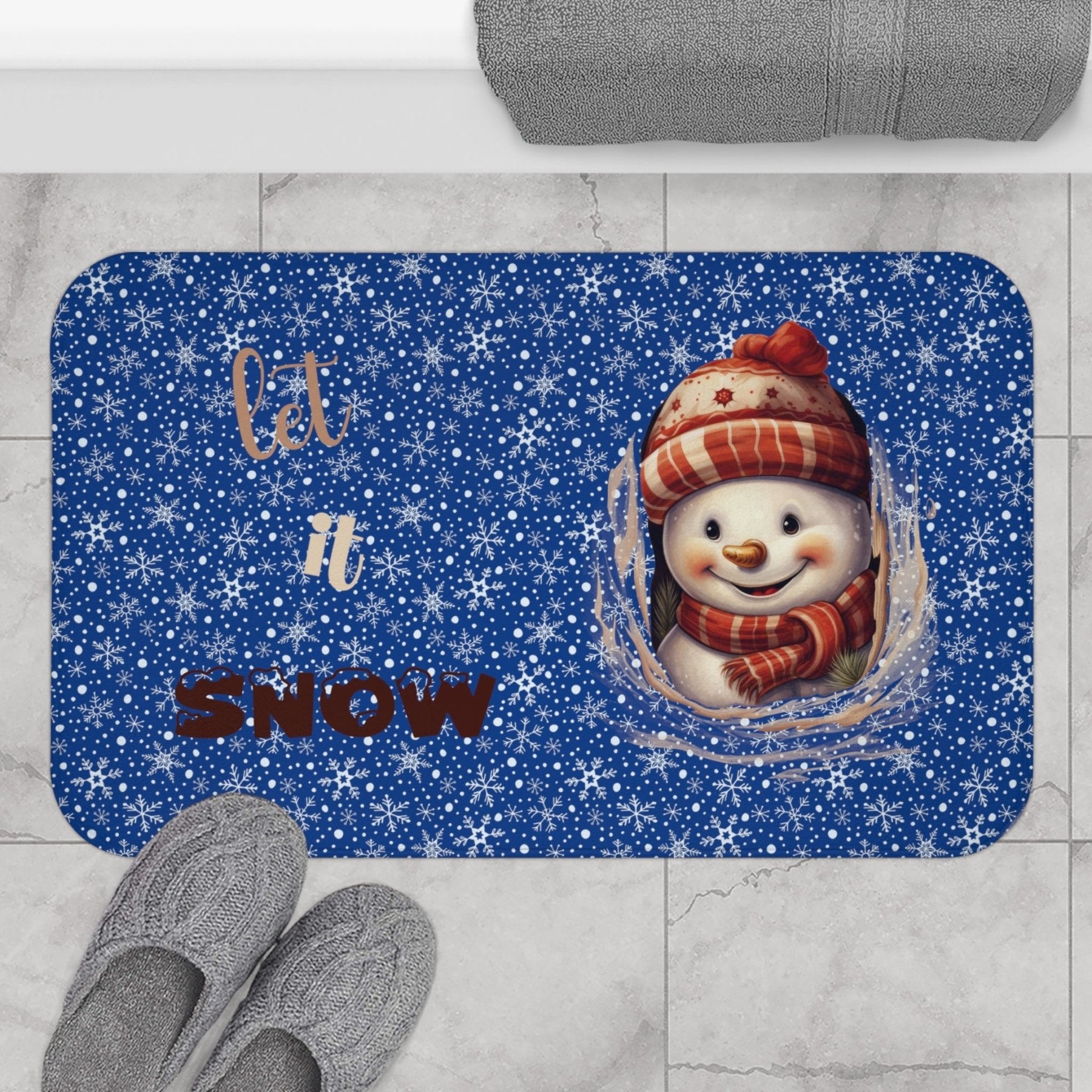 Bath Mat, Winter, Let it Snow, Dark Blue, Snowman 3 - Janlyn's Crafts