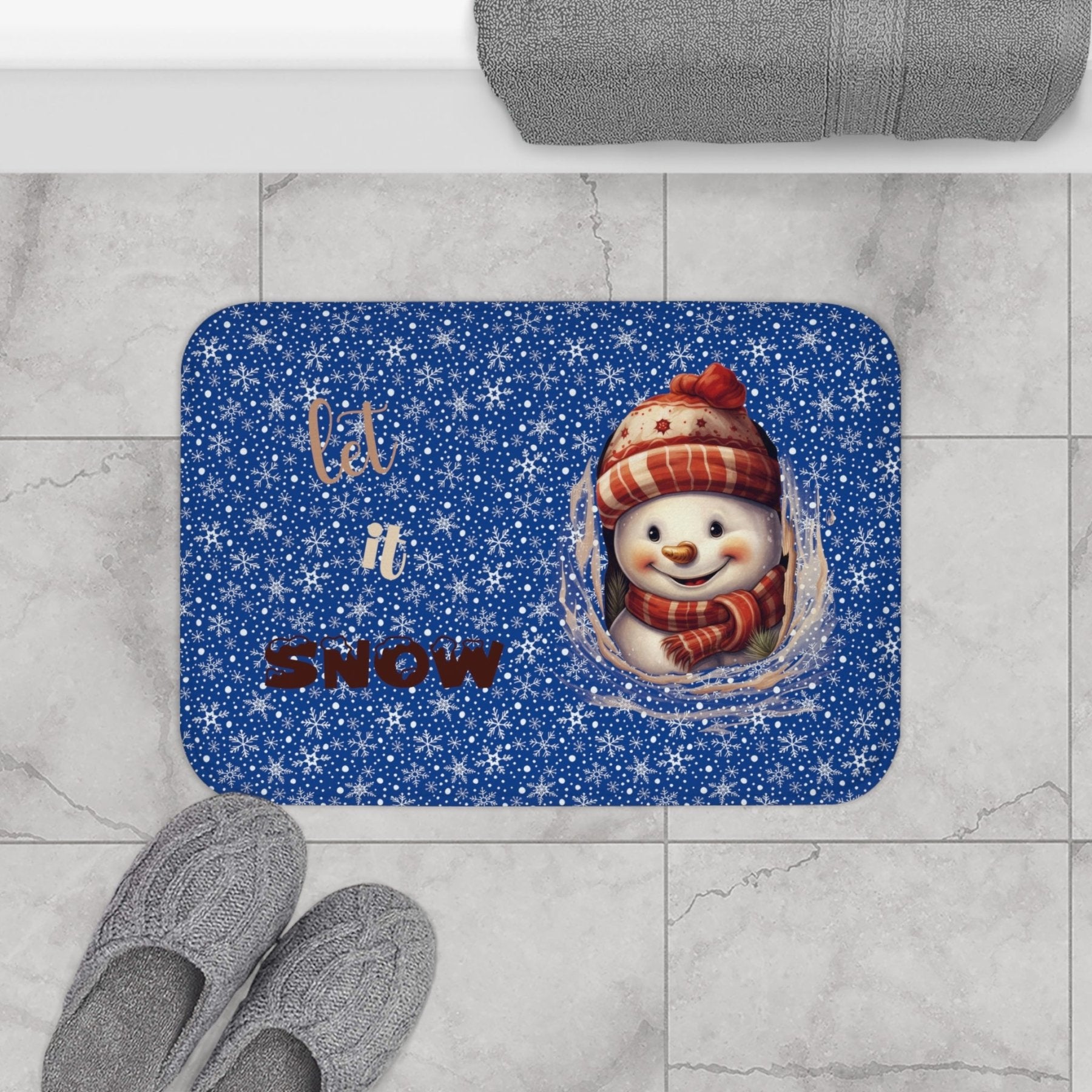 Bath Mat, Winter, Let it Snow, Dark Blue, Snowman 3 - Janlyn's Crafts