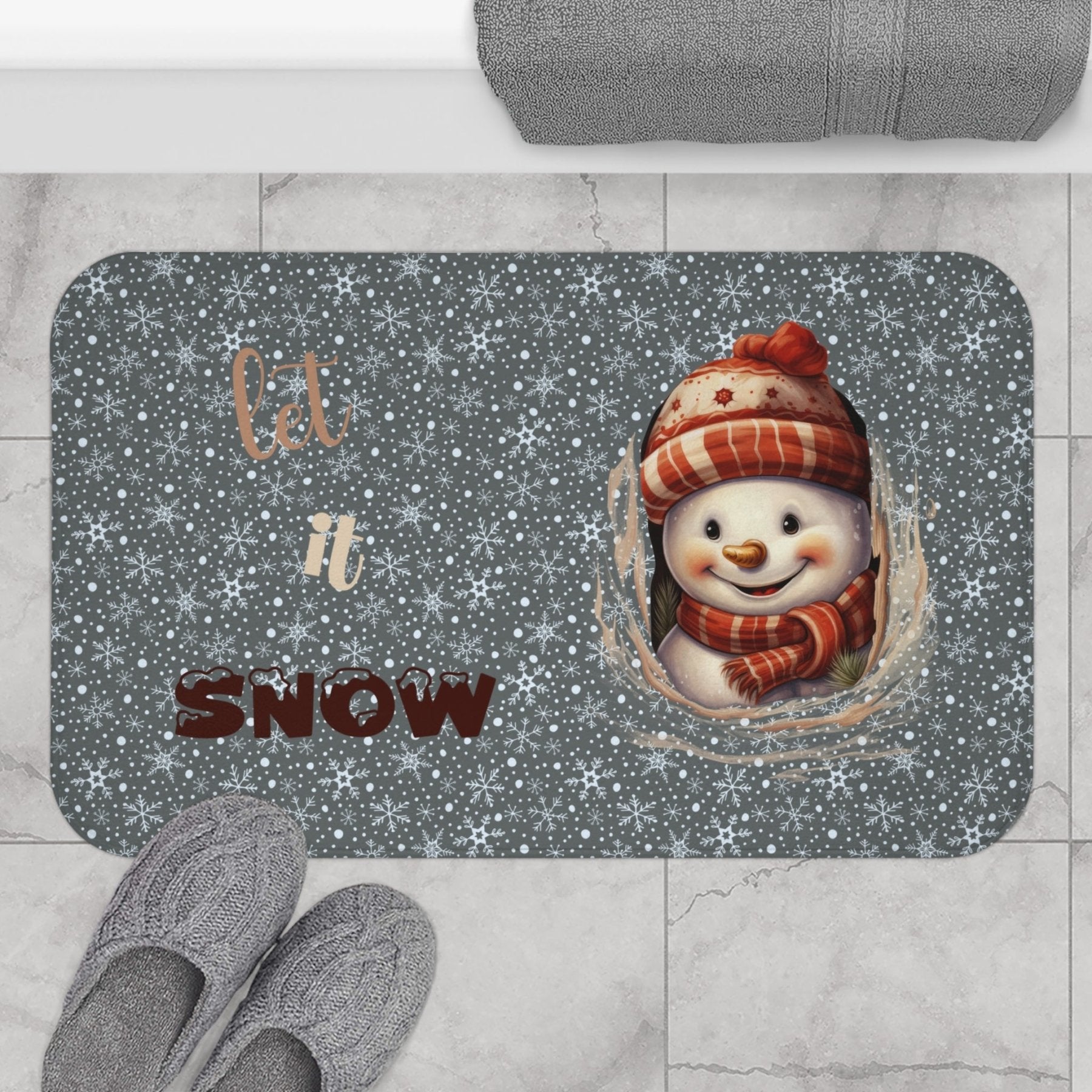 Bath Mat, Winter, Let it Snow, Dark Gray, Snowman 3 - Janlyn's Crafts