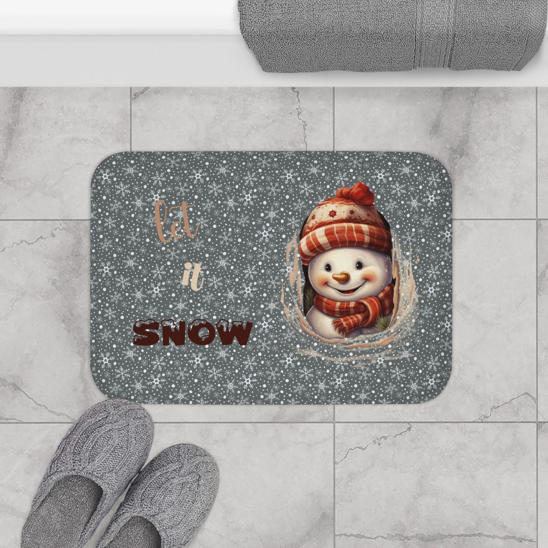 Bath Mat, Winter, Let it Snow, Dark Gray, Snowman 3 - Janlyn's Crafts