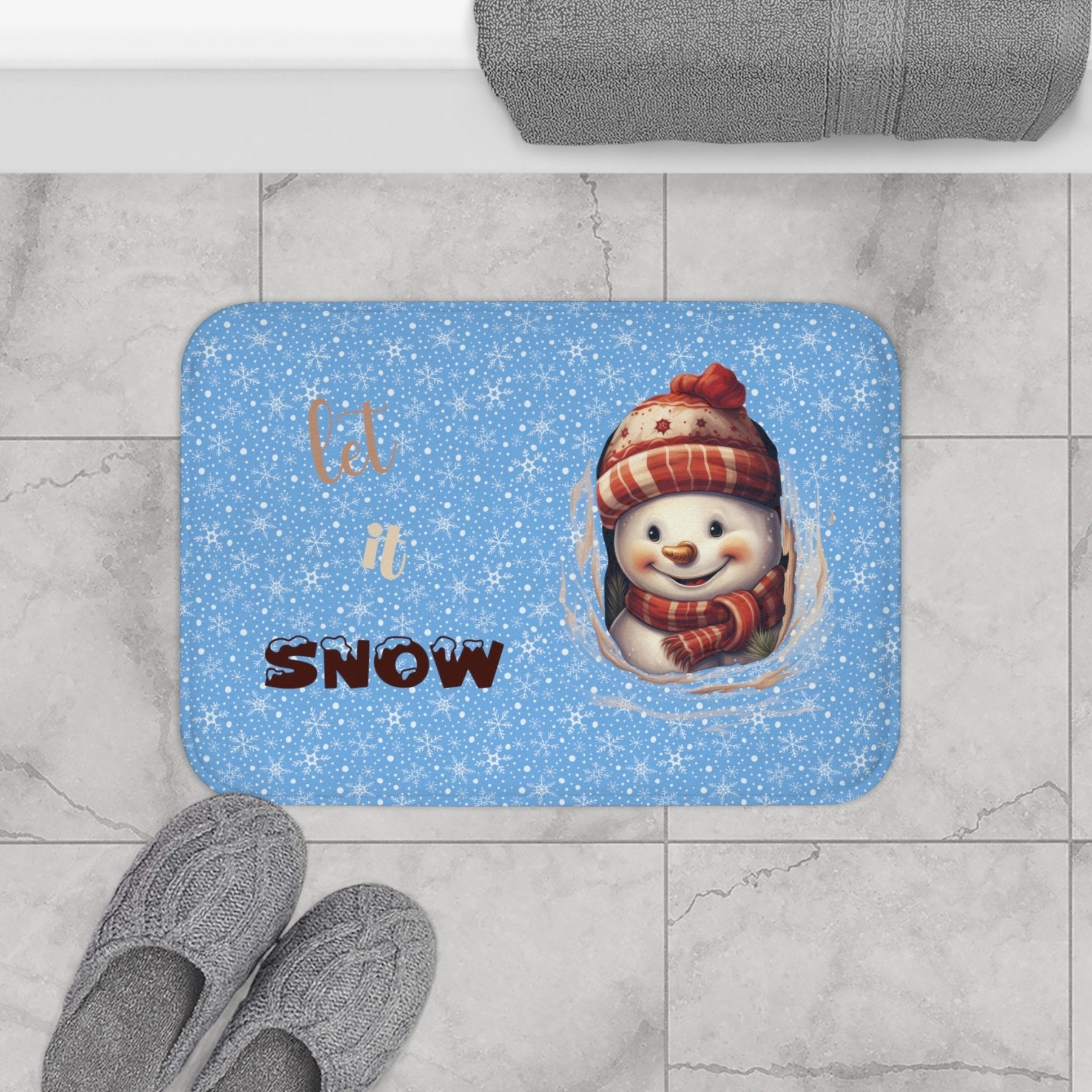 Bath Mat, Winter, Let it Snow, Light Blue, Snowman 3 - Janlyn's Crafts