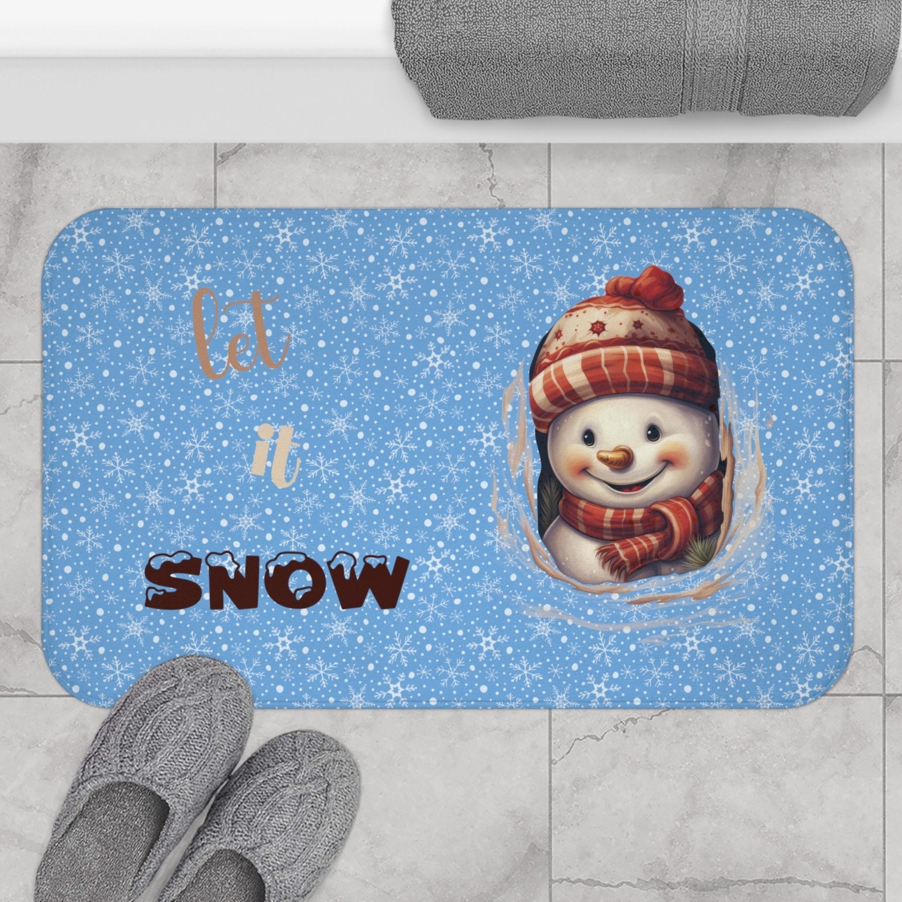 Bath Mat, Winter, Let it Snow, Light Blue, Snowman 3 - Janlyn's Crafts