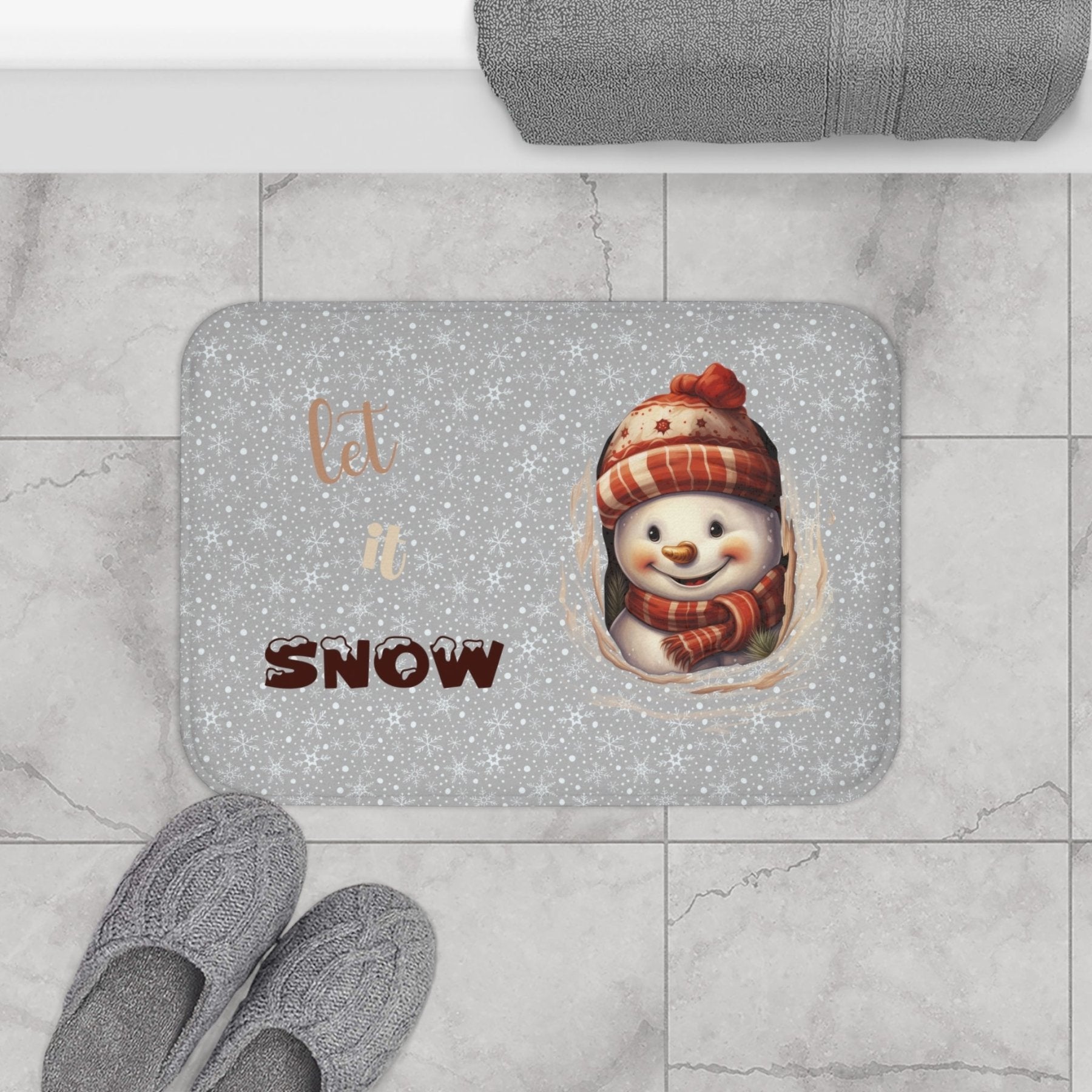 Bath Mat, Winter, Let it Snow, Light Gray, Snowman 3 - Janlyn's Crafts