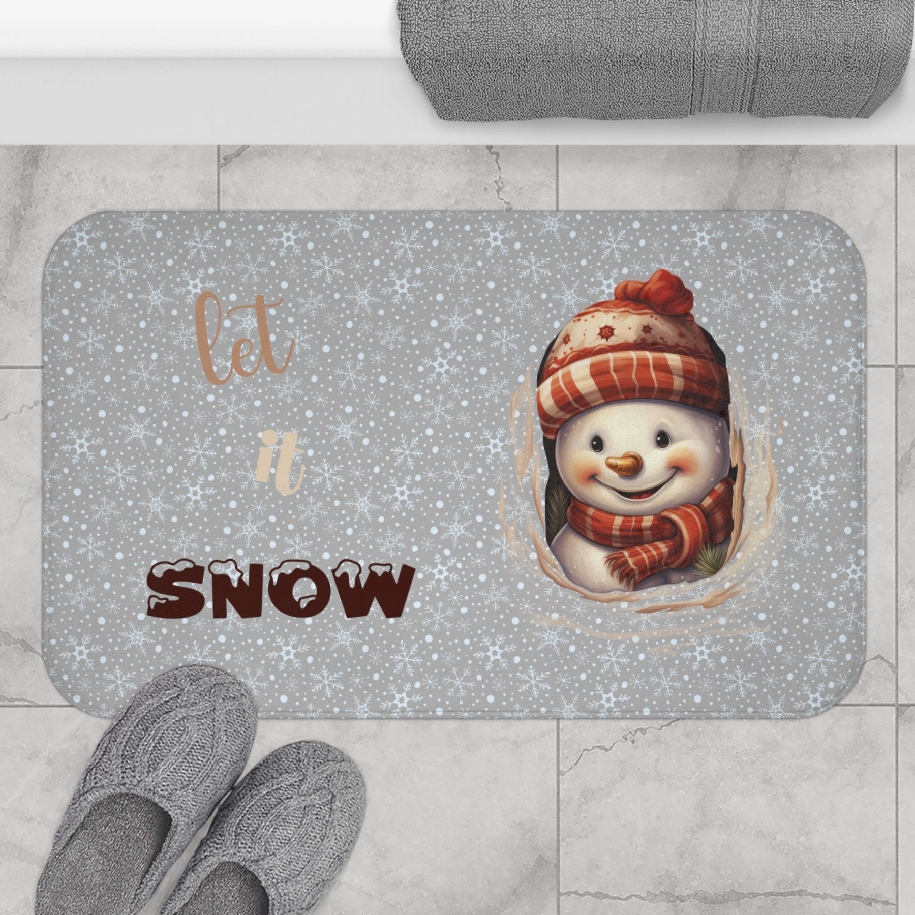 Bath Mat, Winter, Let it Snow, Light Gray, Snowman 3 - Janlyn's Crafts