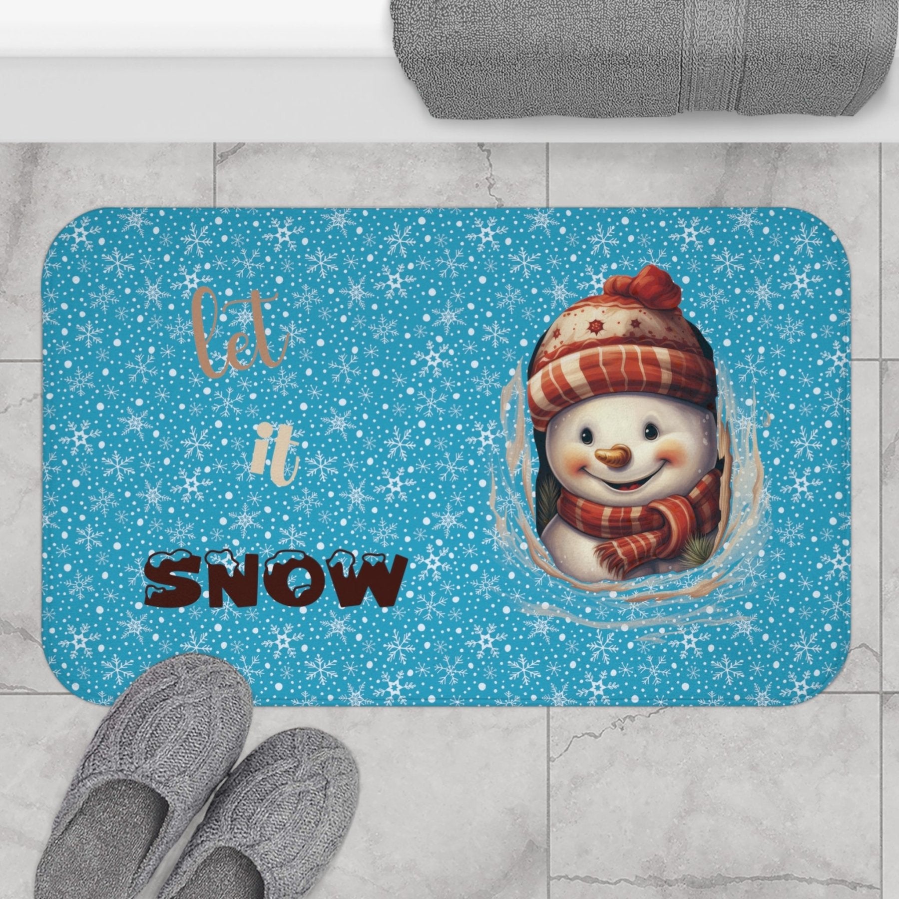 Bath Mat, Winter, Let it Snow, Turquoise, Snowman 3 - Janlyn's Crafts