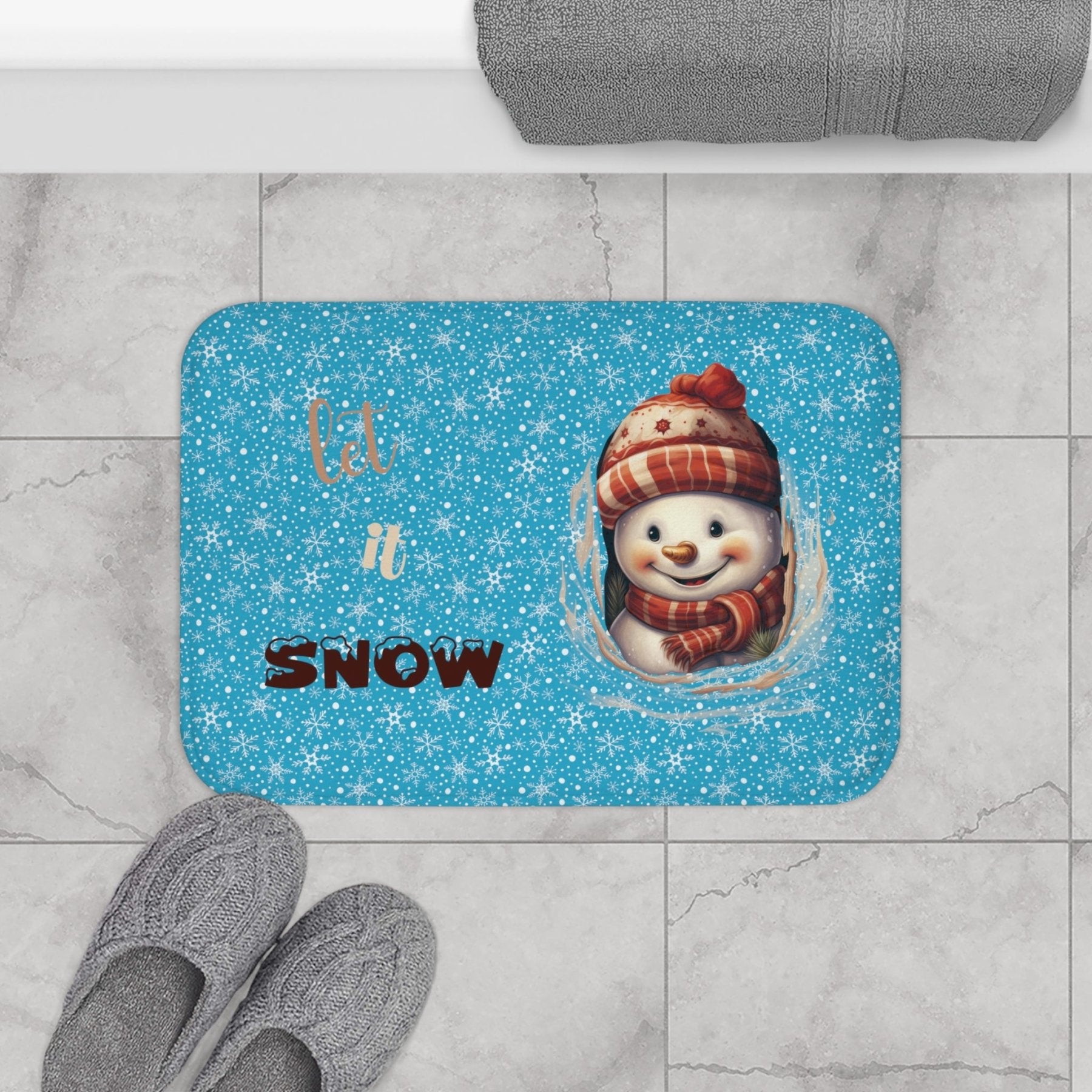 Bath Mat, Winter, Let it Snow, Turquoise, Snowman 3 - Janlyn's Crafts