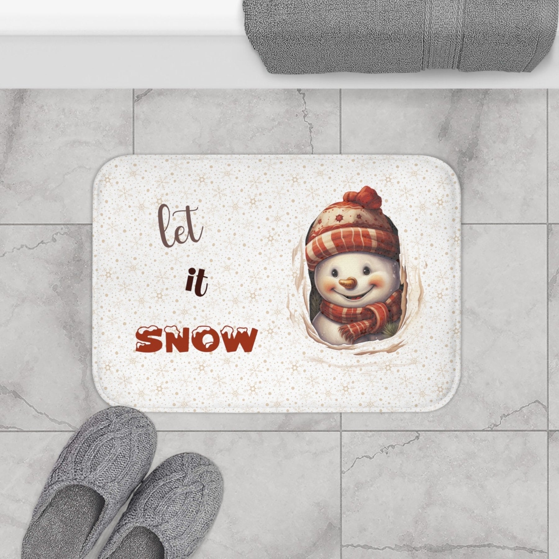 Bath Mat, Winter, Let it Snow, White, Snowman 3 - Janlyn's Crafts