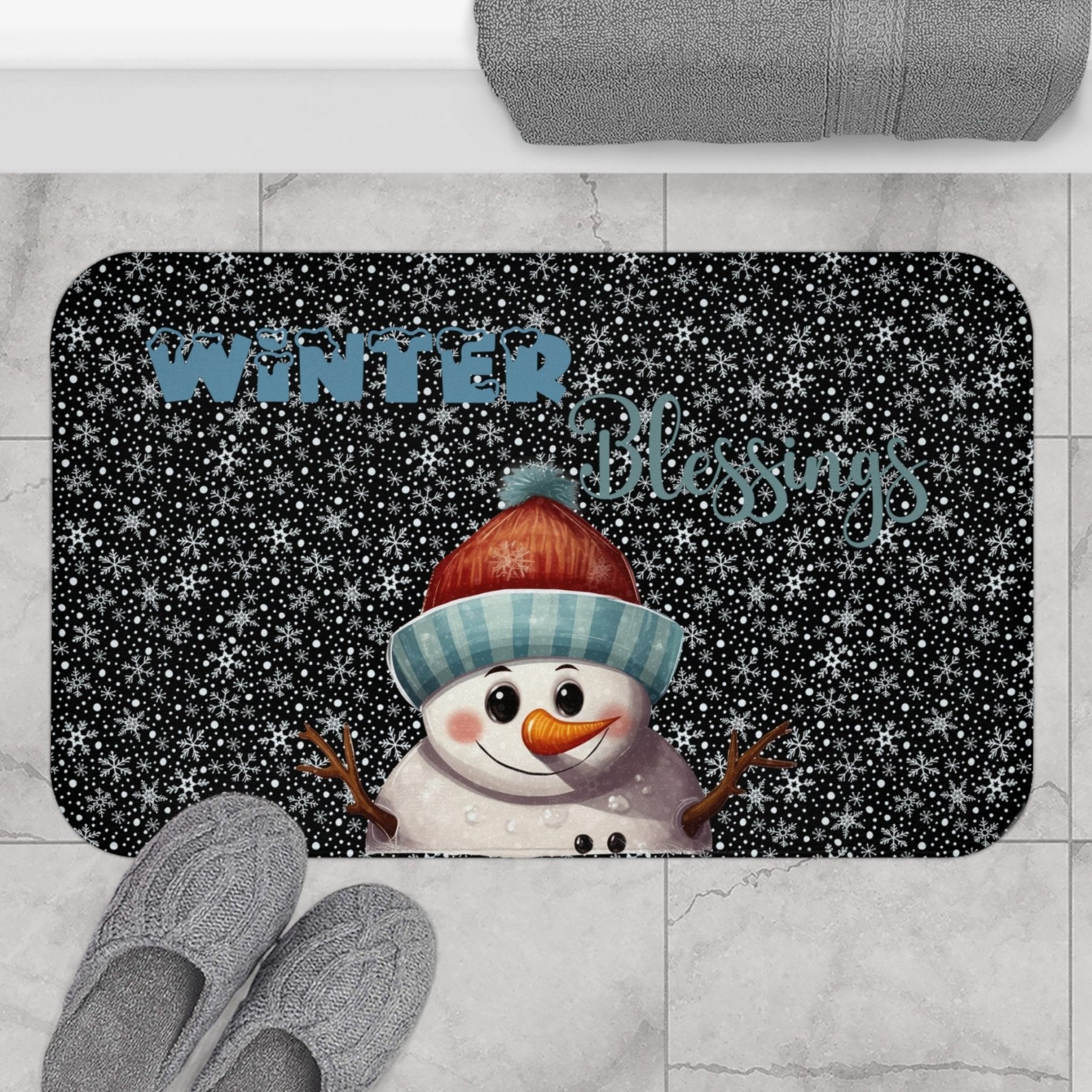 Bath Mat, Winter, Winter Blessings, Black, Snowman 4 - Janlyn's Crafts