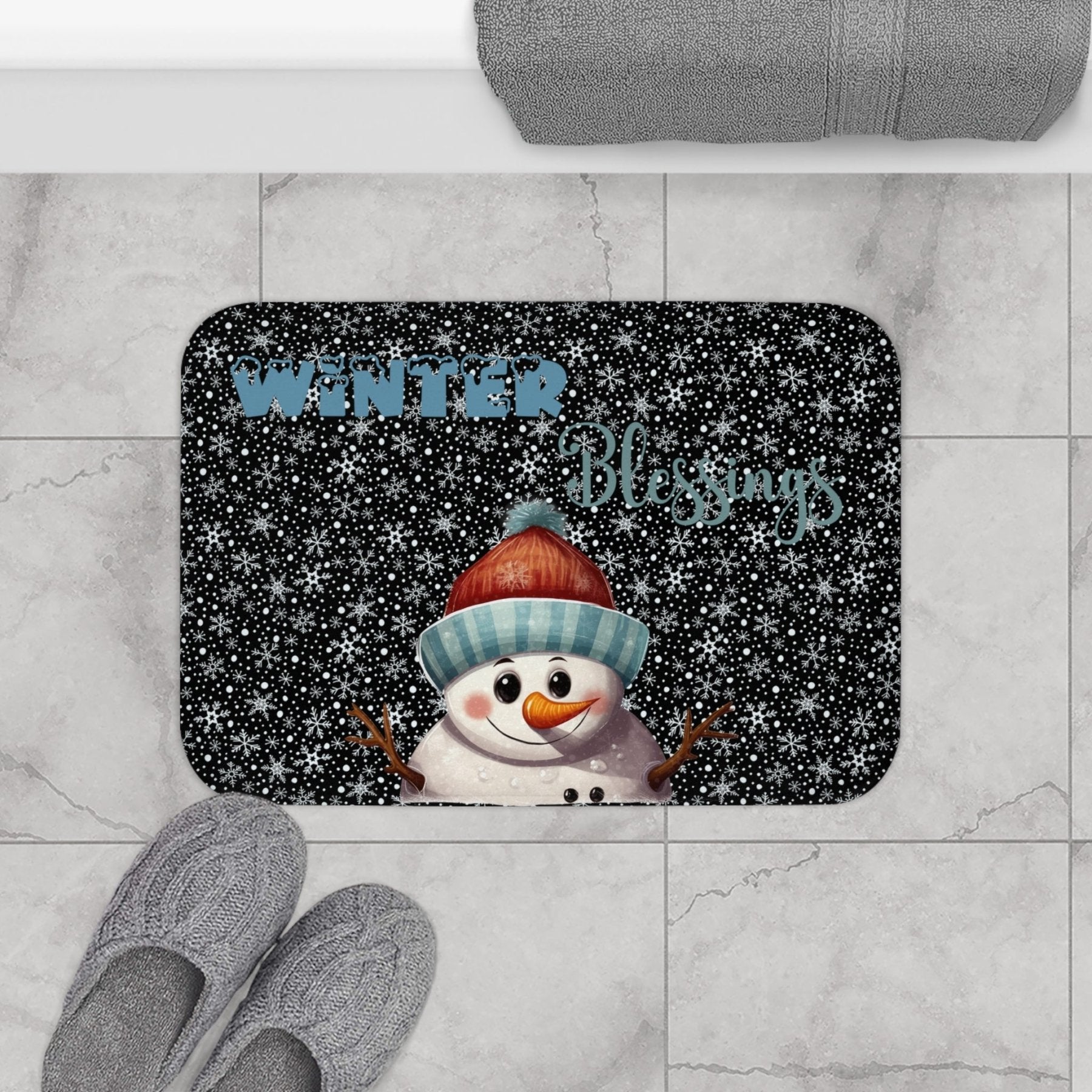 Bath Mat, Winter, Winter Blessings, Black, Snowman 4 - Janlyn's Crafts