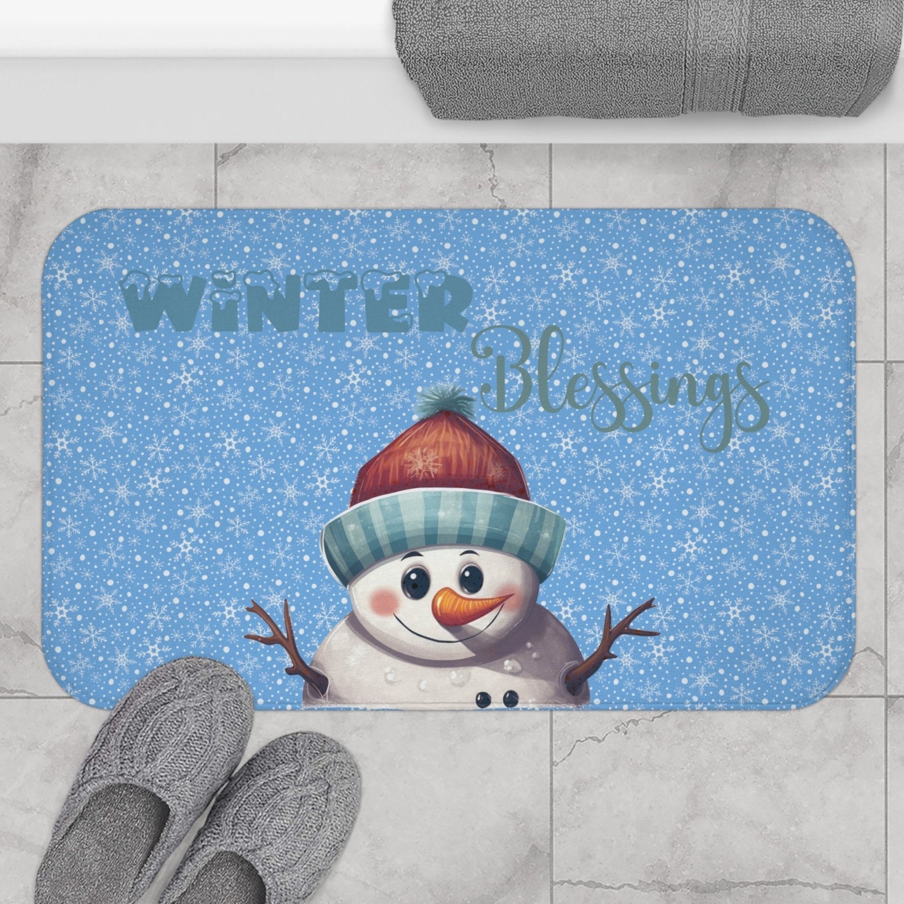 Bath Mat, Winter, Winter Blessings, Light Blue, Snowman 4 - Janlyn's Crafts