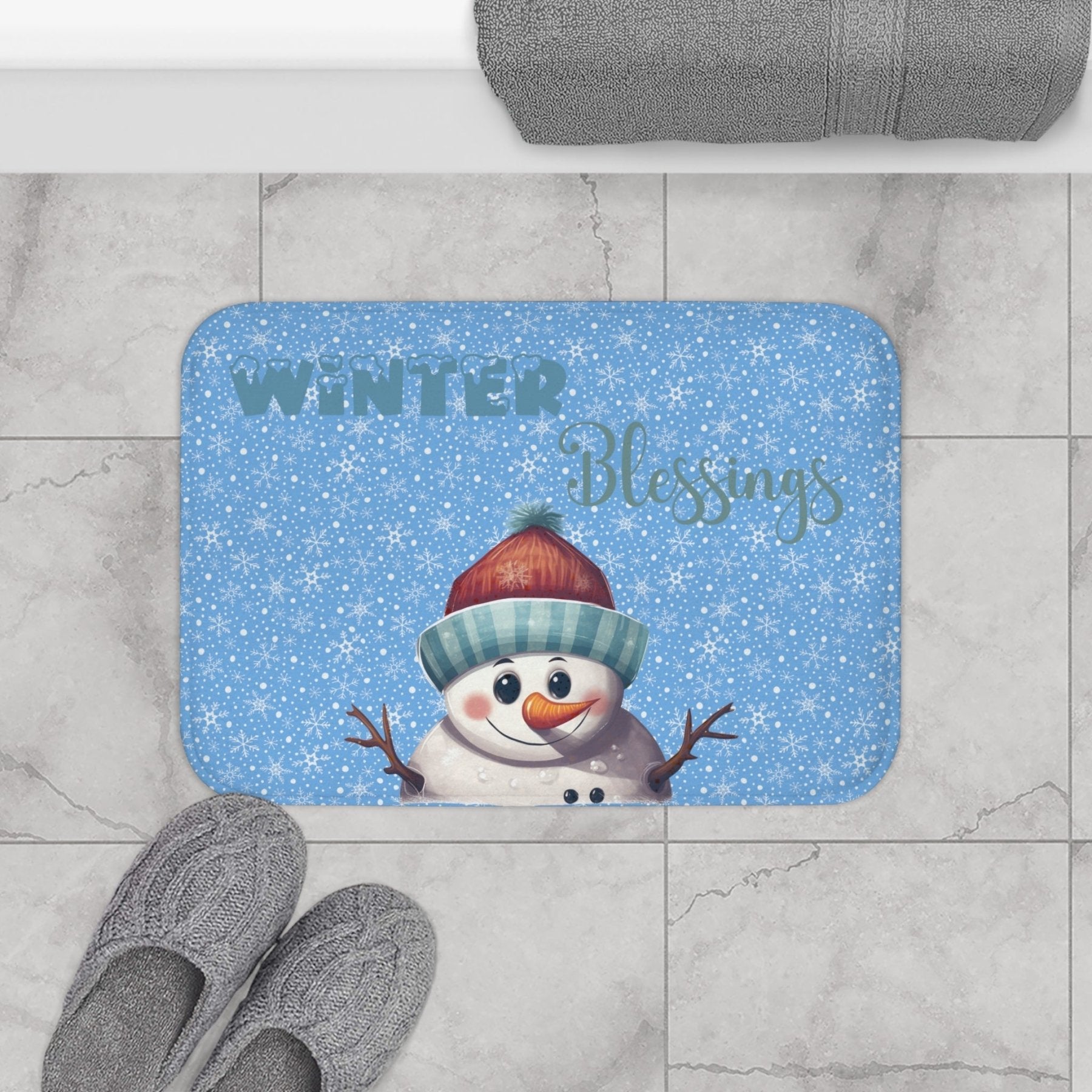 Bath Mat, Winter, Winter Blessings, Light Blue, Snowman 4 - Janlyn's Crafts