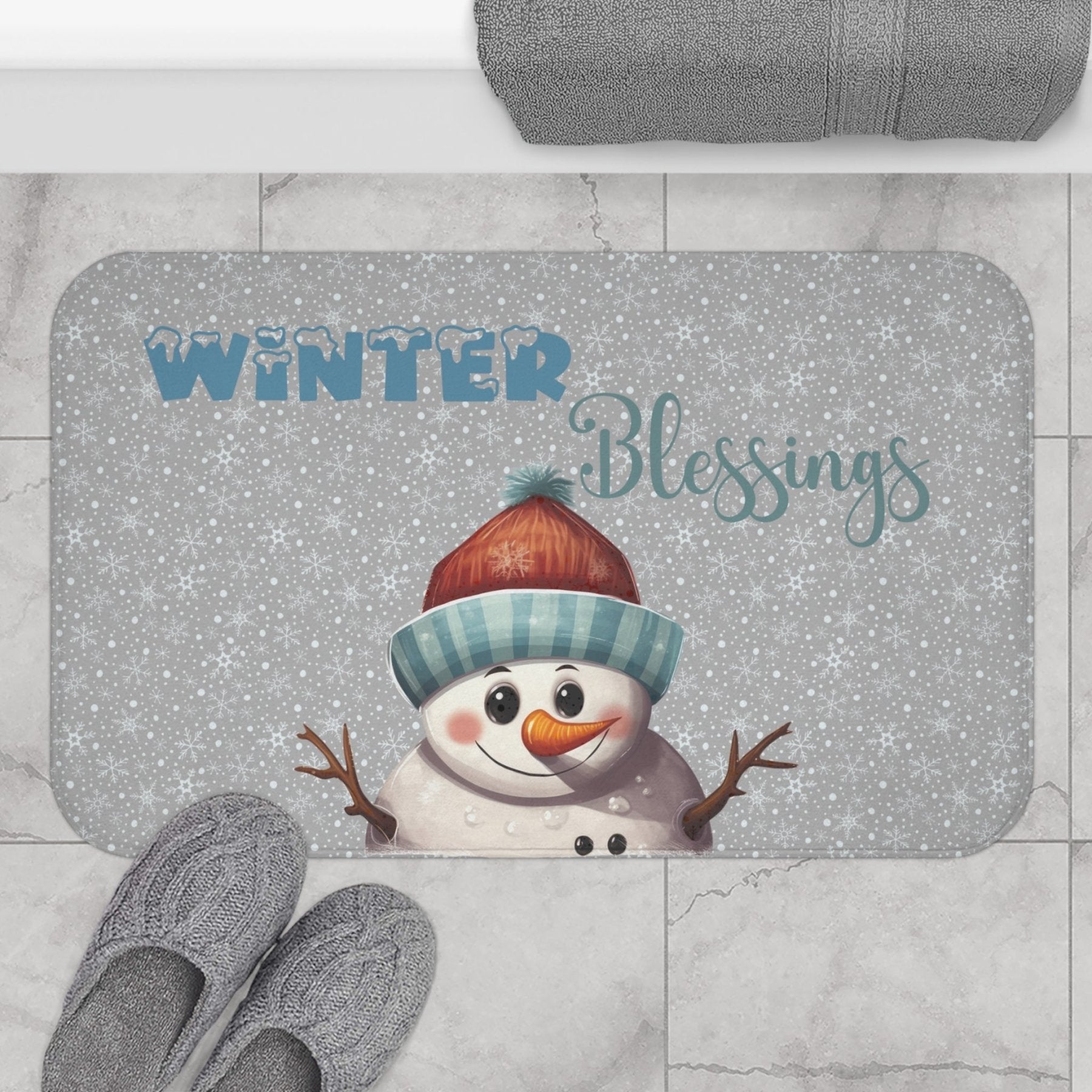 Bath Mat, Winter, Winter Blessings, Light Gray, Snowman 4 - Janlyn's Crafts