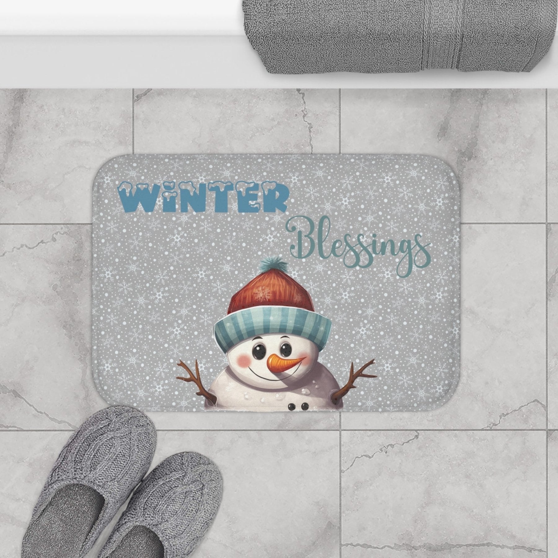 Bath Mat, Winter, Winter Blessings, Light Gray, Snowman 4 - Janlyn's Crafts