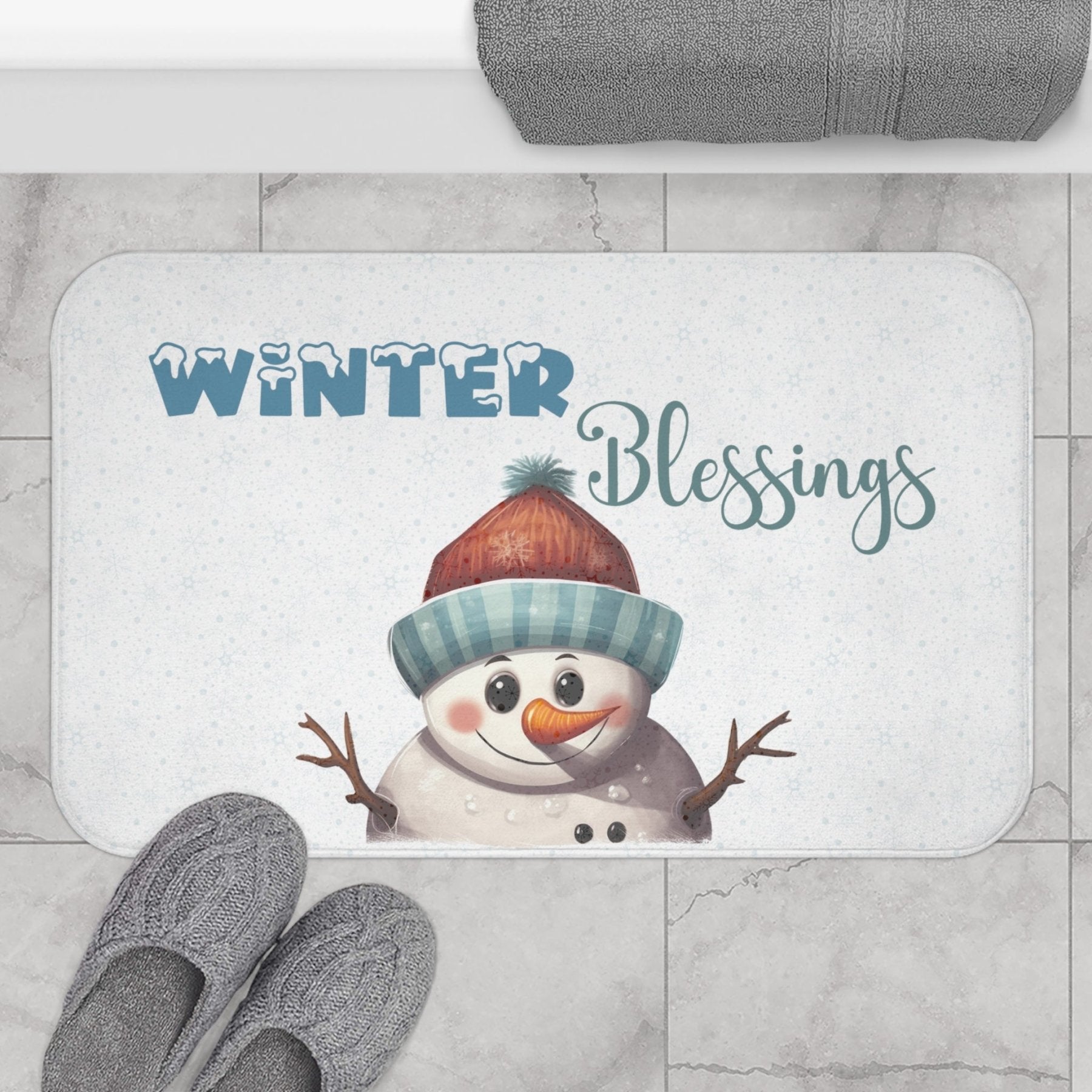 Bath Mat, Winter, Winter Blessings, White, Snowman 4 - Janlyn's Crafts