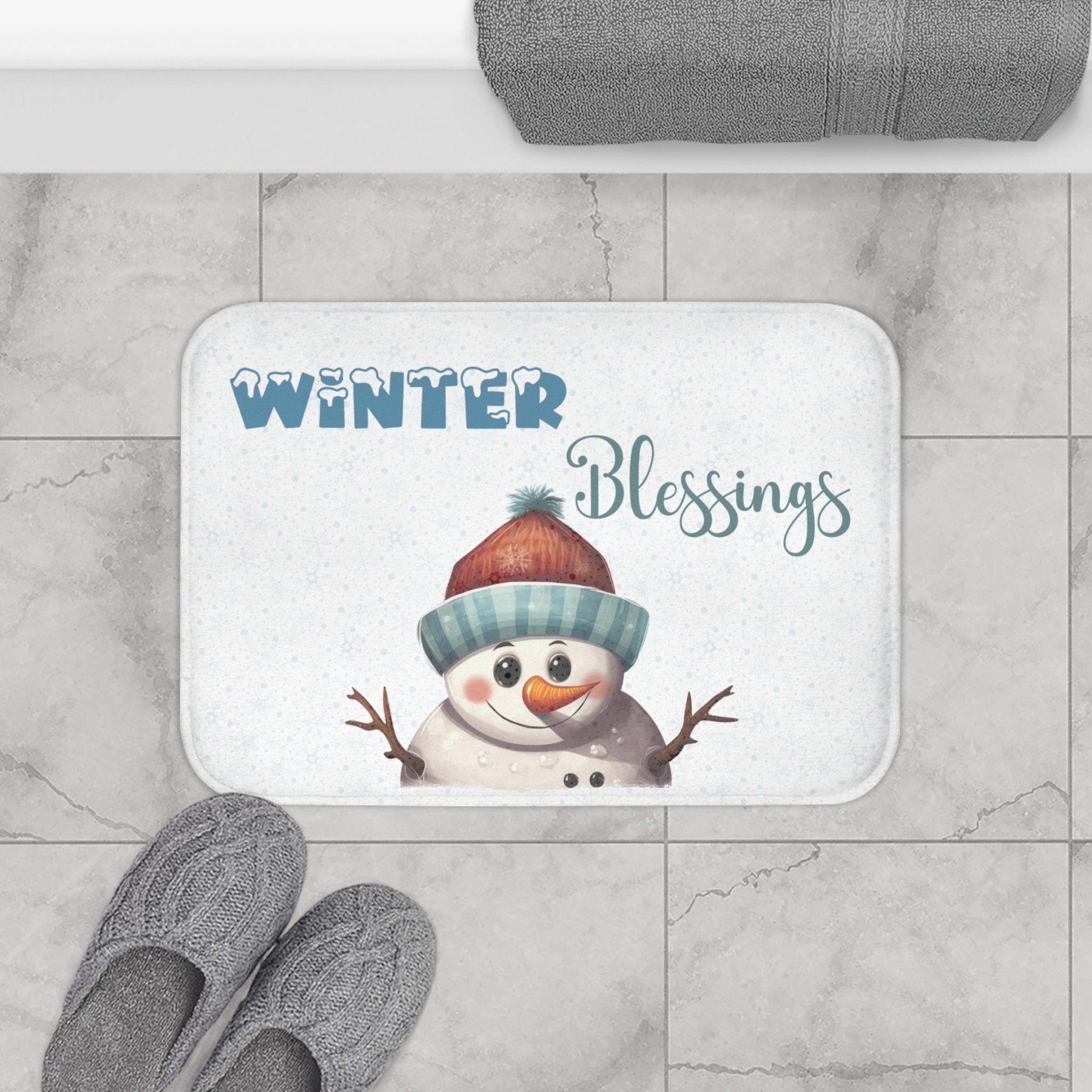 Bath Mat, Winter, Winter Blessings, White, Snowman 4 - Janlyn's Crafts