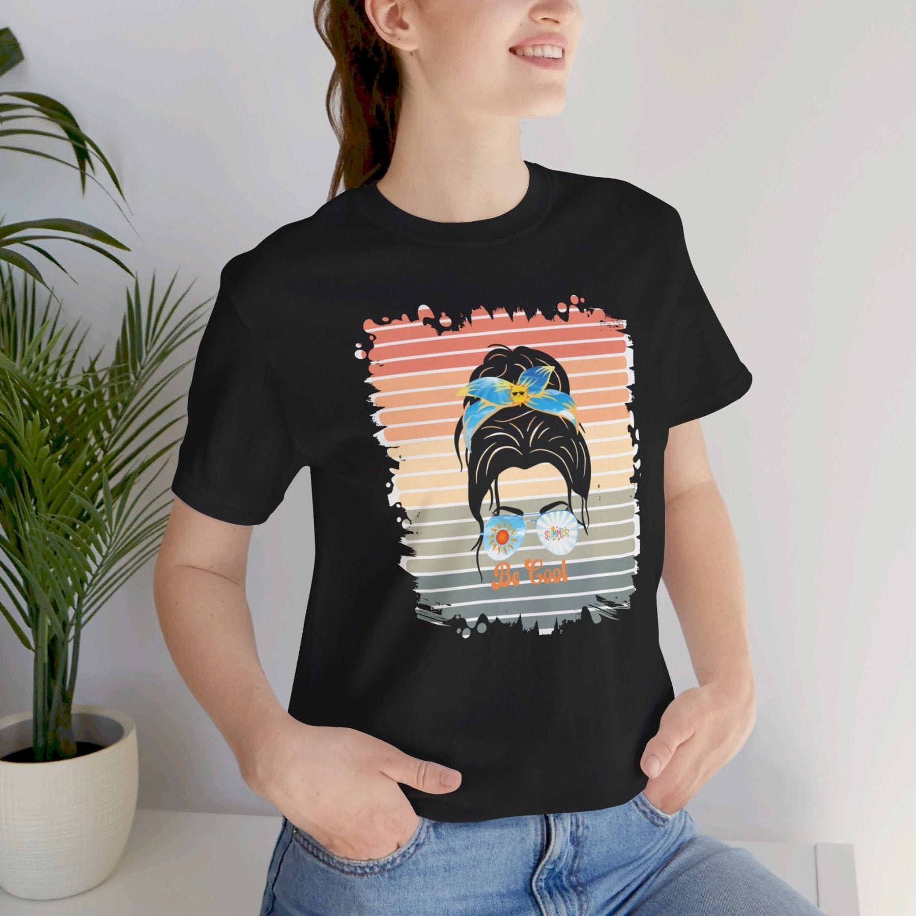 Be Cool Retro Summer, Dark Hair Messy Bun, Unisex Jersey Short Sleeve Tee - Janlyn's Crafts