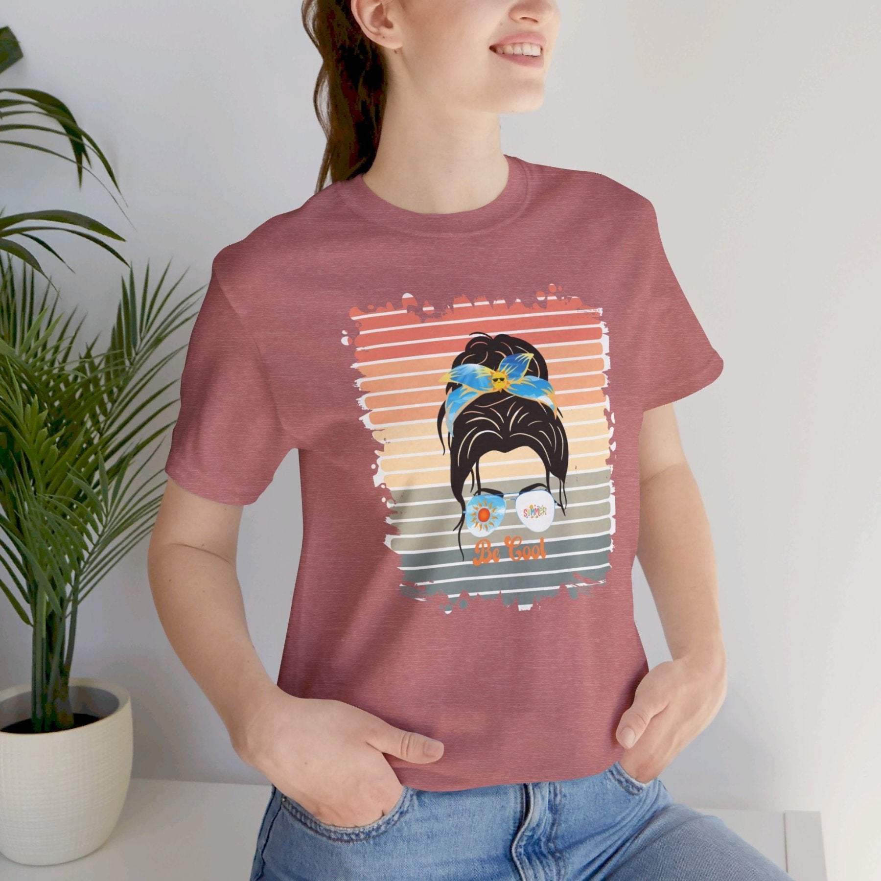 Be Cool Retro Summer, Dark Hair Messy Bun, Unisex Jersey Short Sleeve Tee - Janlyn's Crafts