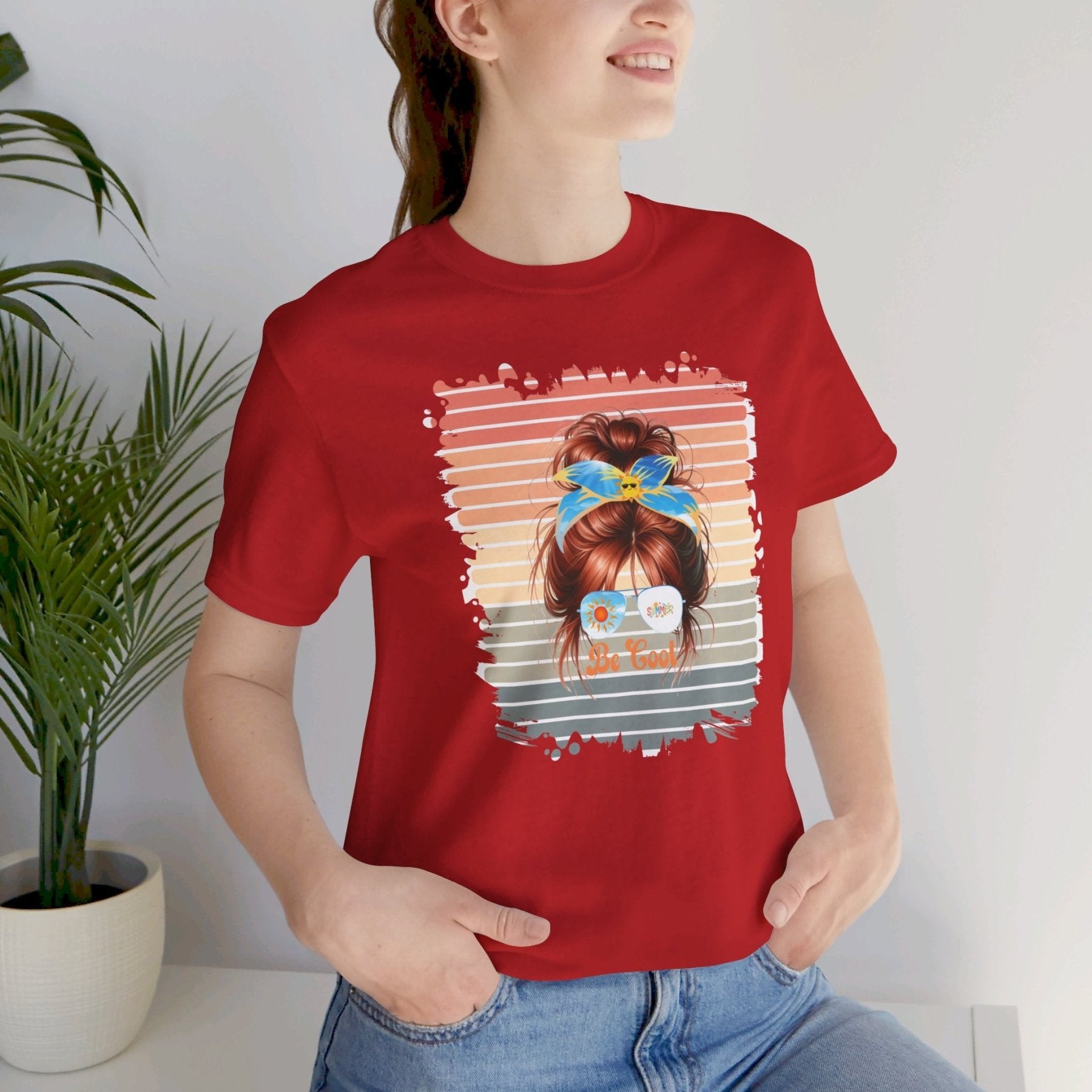 Be Cool Retro Summer, Red Hair Messy Bun, Unisex Jersey Short Sleeve Tee - Janlyn's Crafts