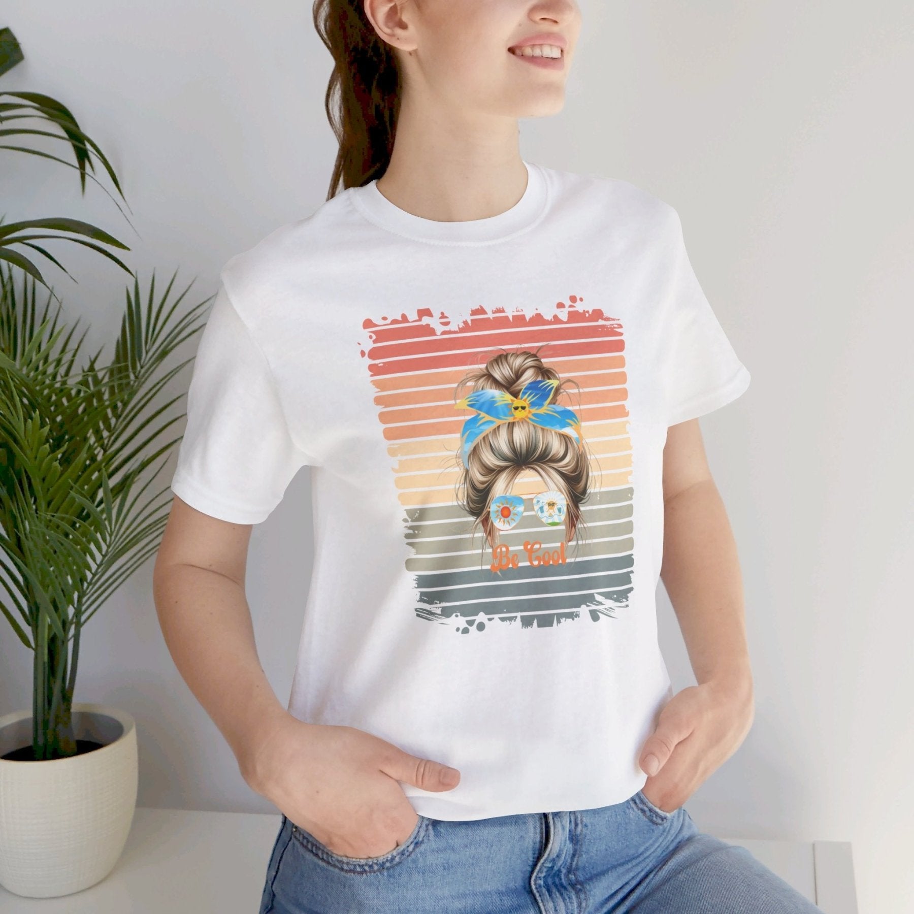 Be Cool Retro Sun, Blond Hair Messy Bun, Unisex Jersey Short Sleeve Tee - Janlyn's Crafts