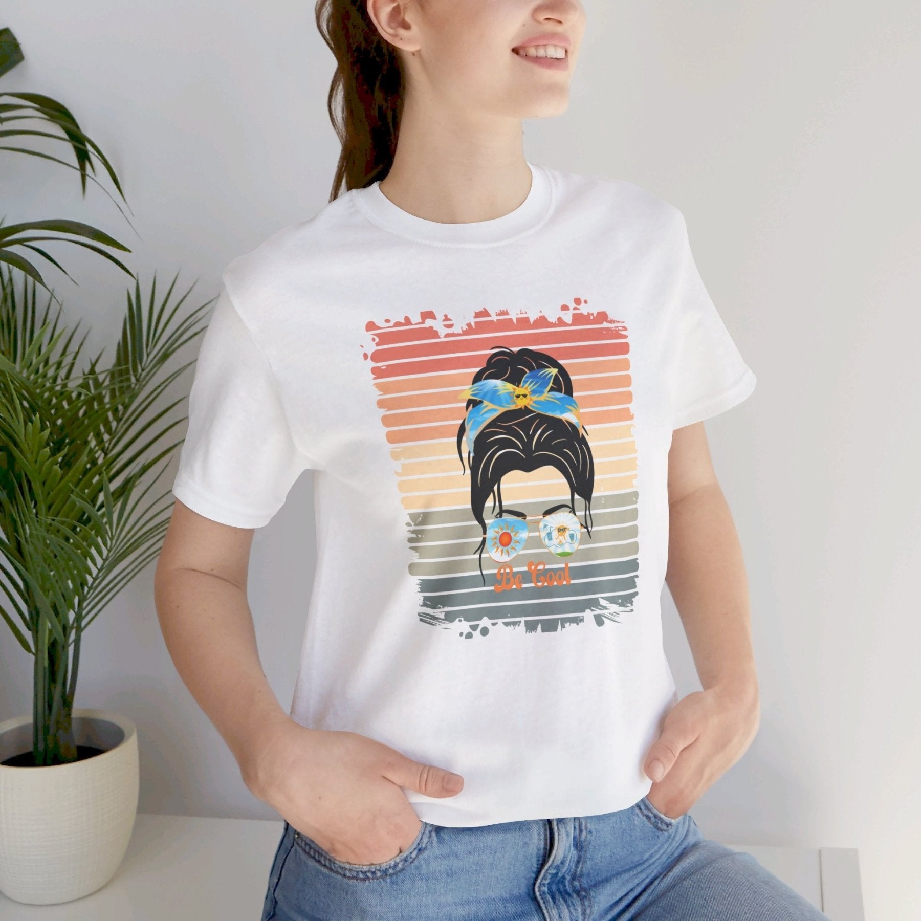 Be Cool Retro Sun, Dark Hair Messy Bun, Unisex Jersey Short Sleeve Tee - Janlyn's Crafts