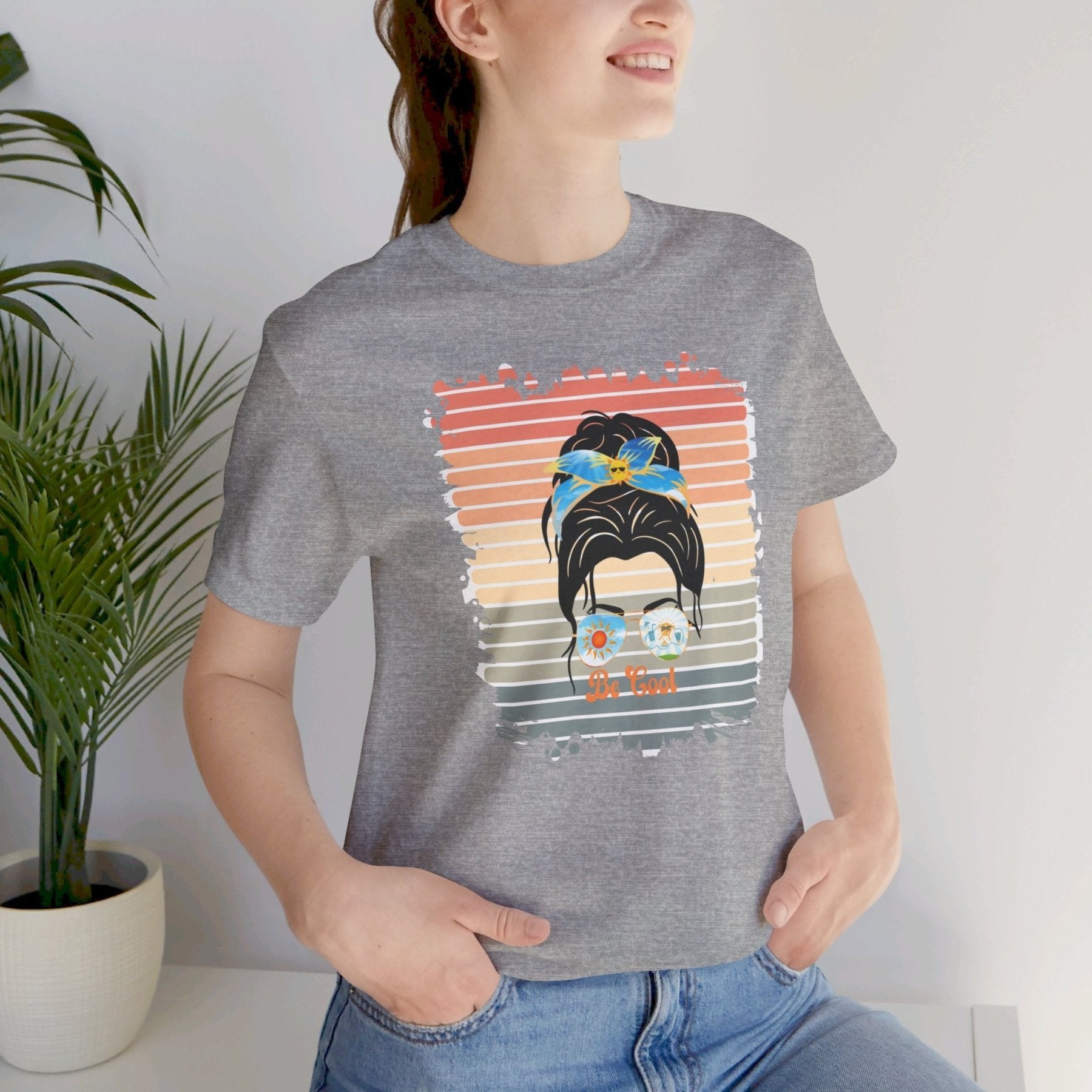 Be Cool Retro Sun, Dark Hair Messy Bun, Unisex Jersey Short Sleeve Tee - Janlyn's Crafts