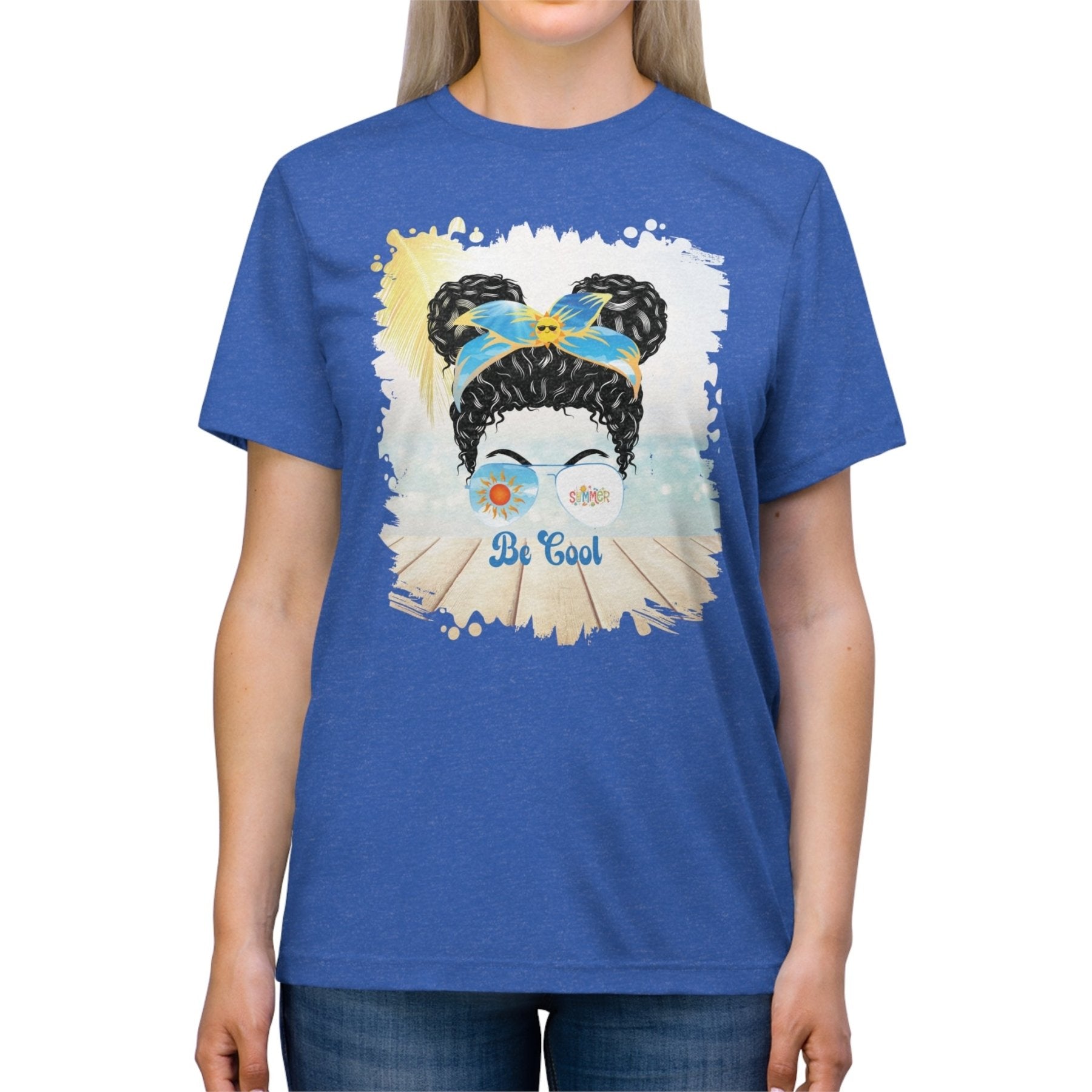 Be Cool Summer, Black Hair Messy Bun, Unisex Triblend T - Shirt - Janlyn's Crafts