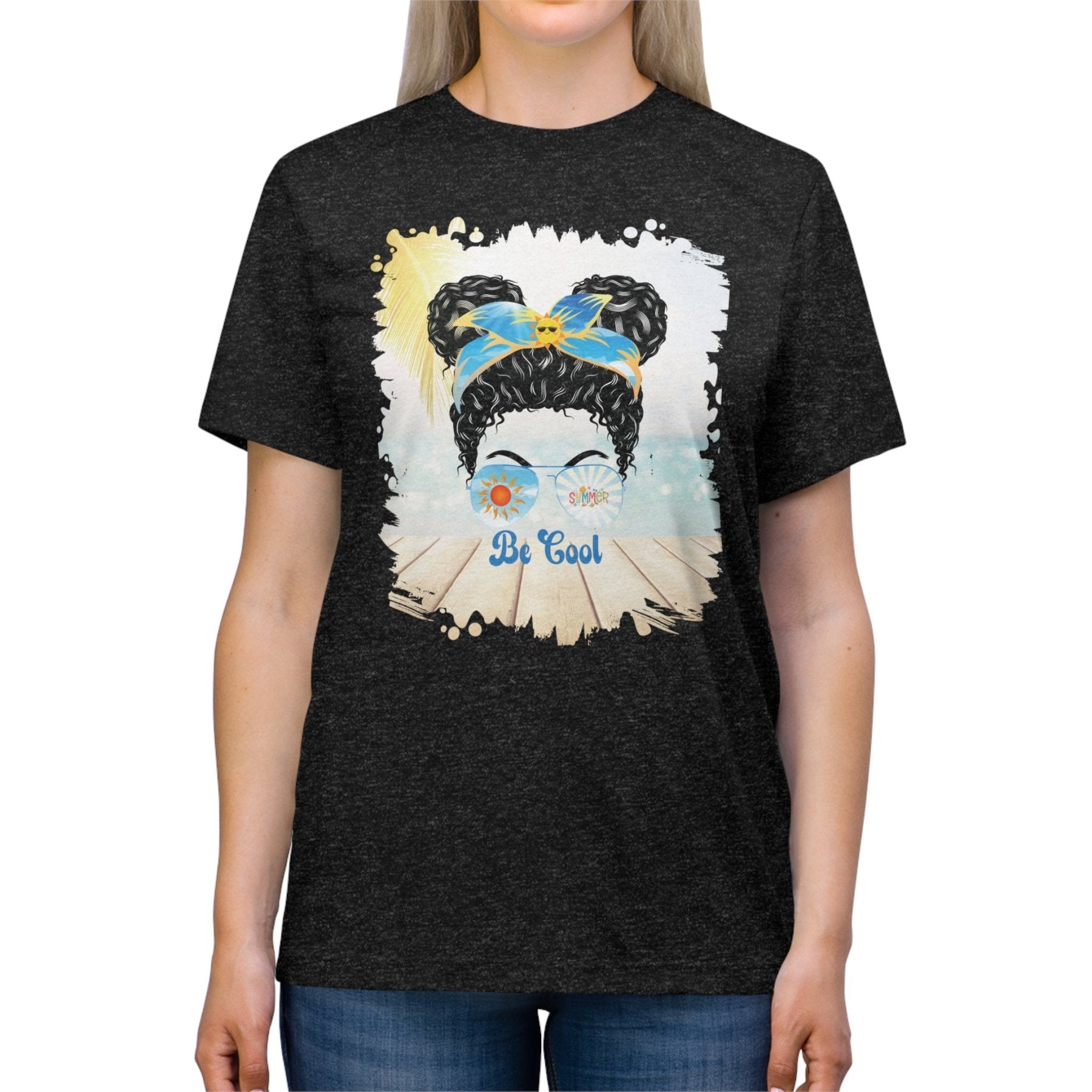 Be Cool Summer, Black Hair Messy Bun, Unisex Triblend T - Shirt - Janlyn's Crafts