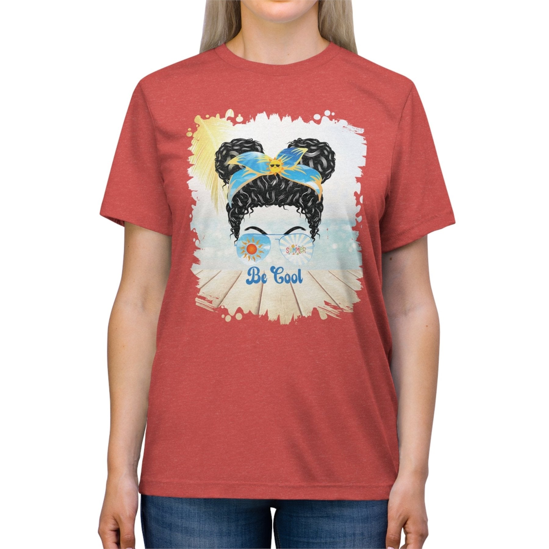 Be Cool Summer, Black Hair Messy Bun, Unisex Triblend T - Shirt - Janlyn's Crafts