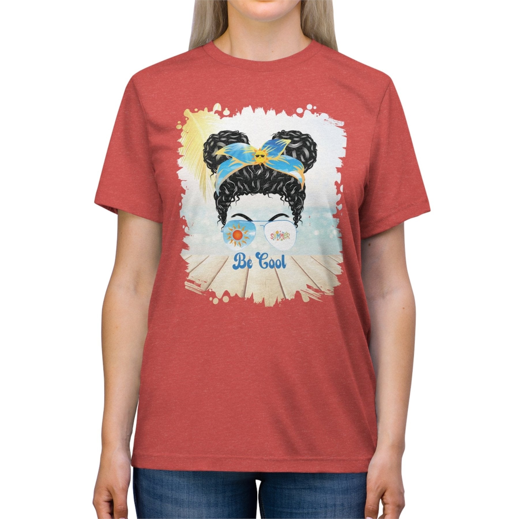 Be Cool Summer, Black Hair Messy Bun, Unisex Triblend T - Shirt - Janlyn's Crafts