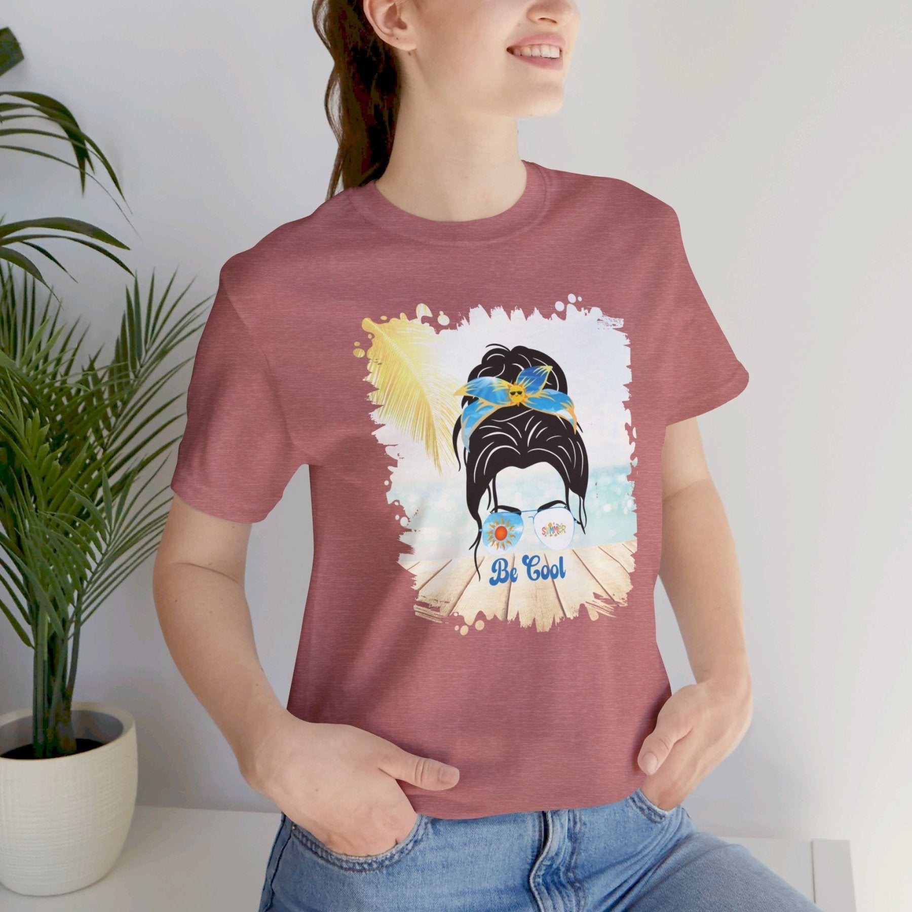 Be Cool Summer, Dark Hair Messy Bun, Unisex Jersey Short Sleeve Tee - Janlyn's Crafts