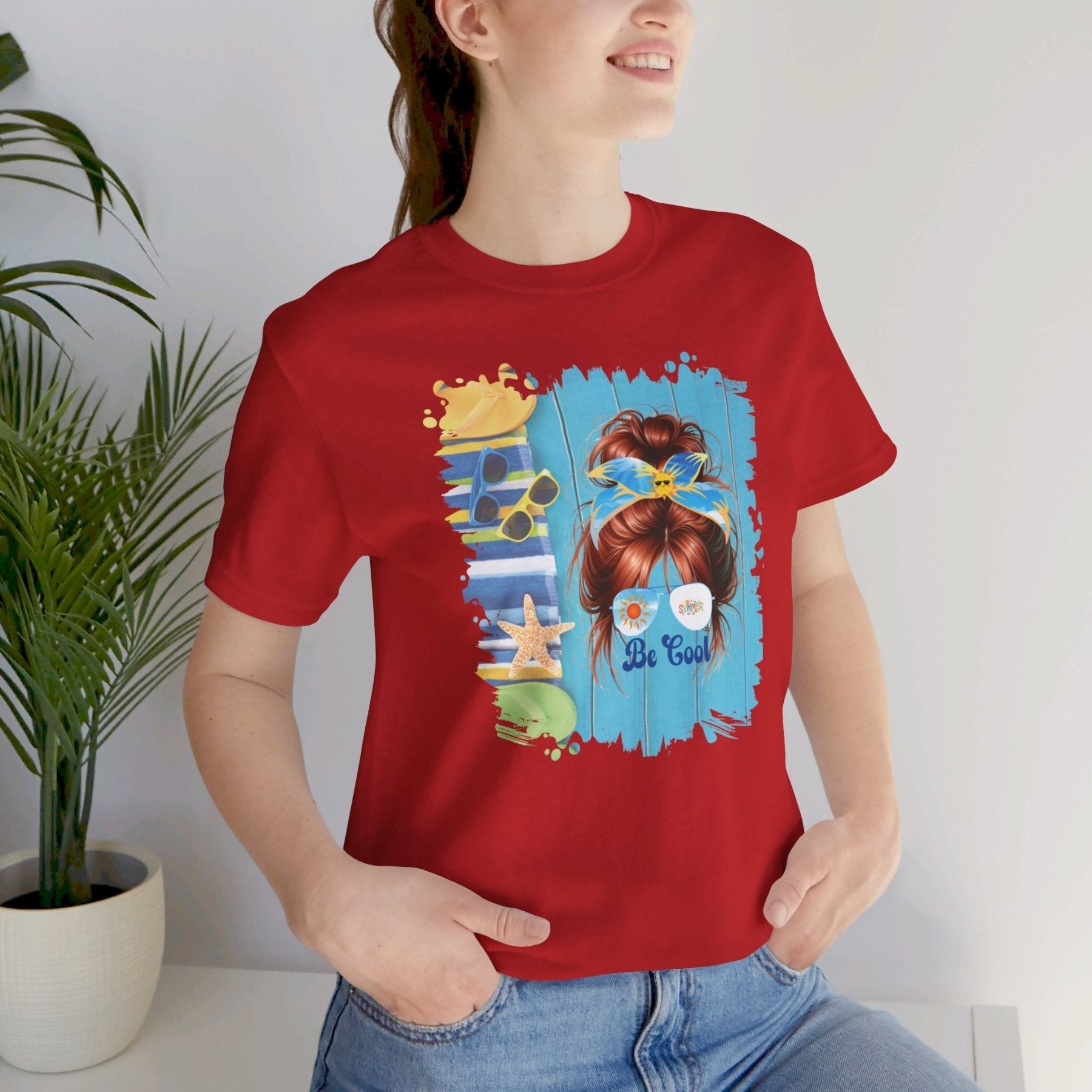 Be Cool Summer Flip Flops, Red Hair Messy Bun, Unisex Jersey Short Sleeve Tee - Janlyn's Crafts