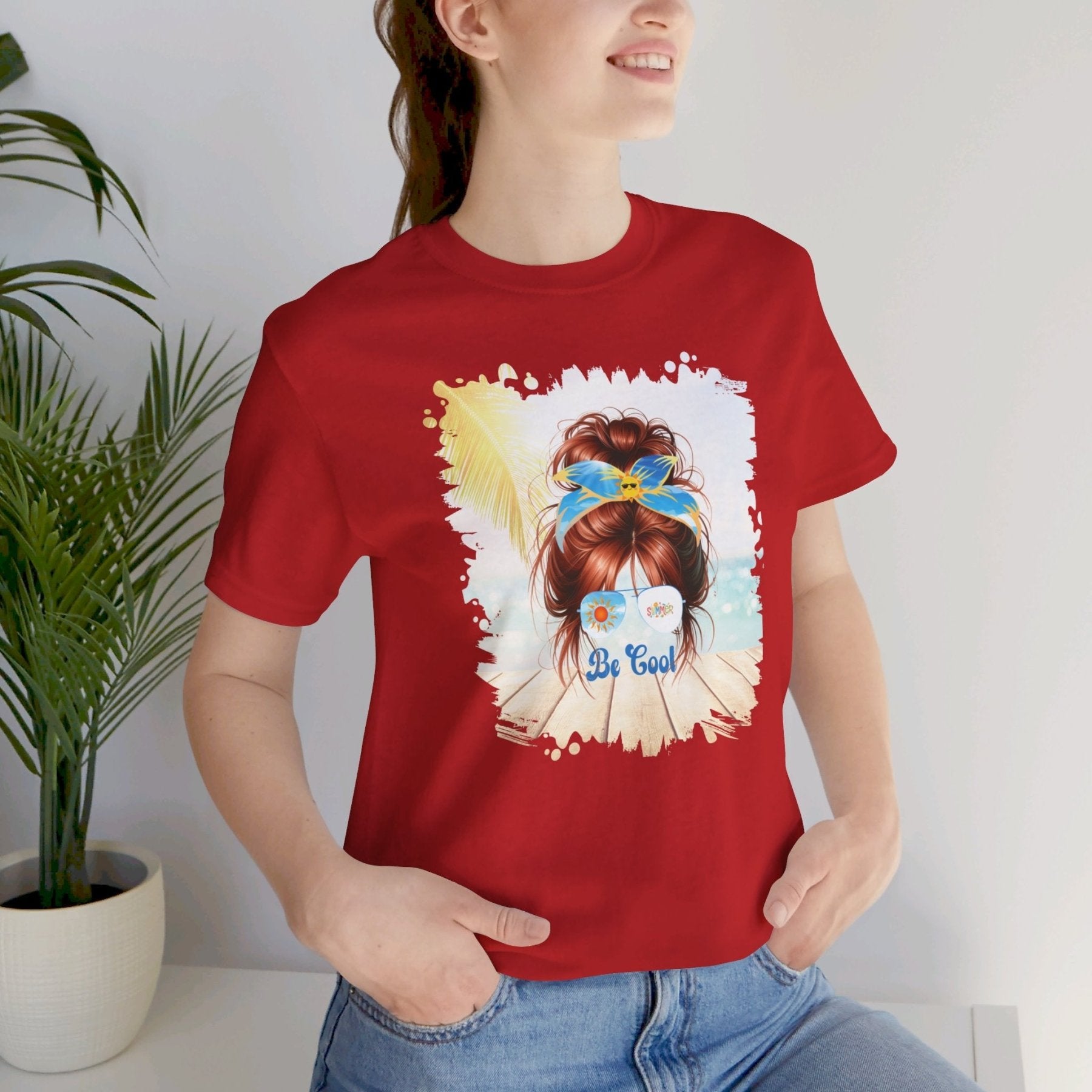 Be Cool Summer, Red Hair Messy Bun, Unisex Jersey Short Sleeve Tee - Janlyn's Crafts